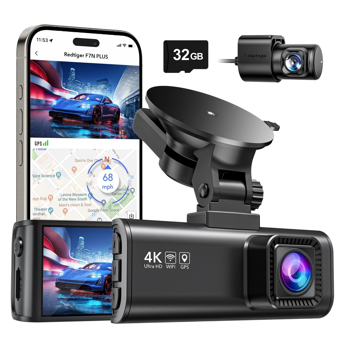4K Dash Cam Front Rear with Wi-Fi & GPS