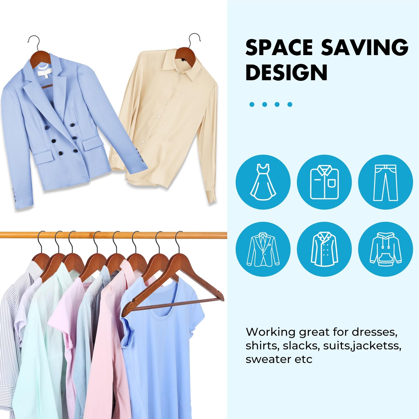 JS HOME Wooden Hangers 20 Pack, Strong Wood Suit Hangers with Extra Smooth Finish, Precisely Cut Notches and 360 Degree Black Swivel Hook, Solid Wooden Clothes Hangers for Shirt Coat Jacket Dress