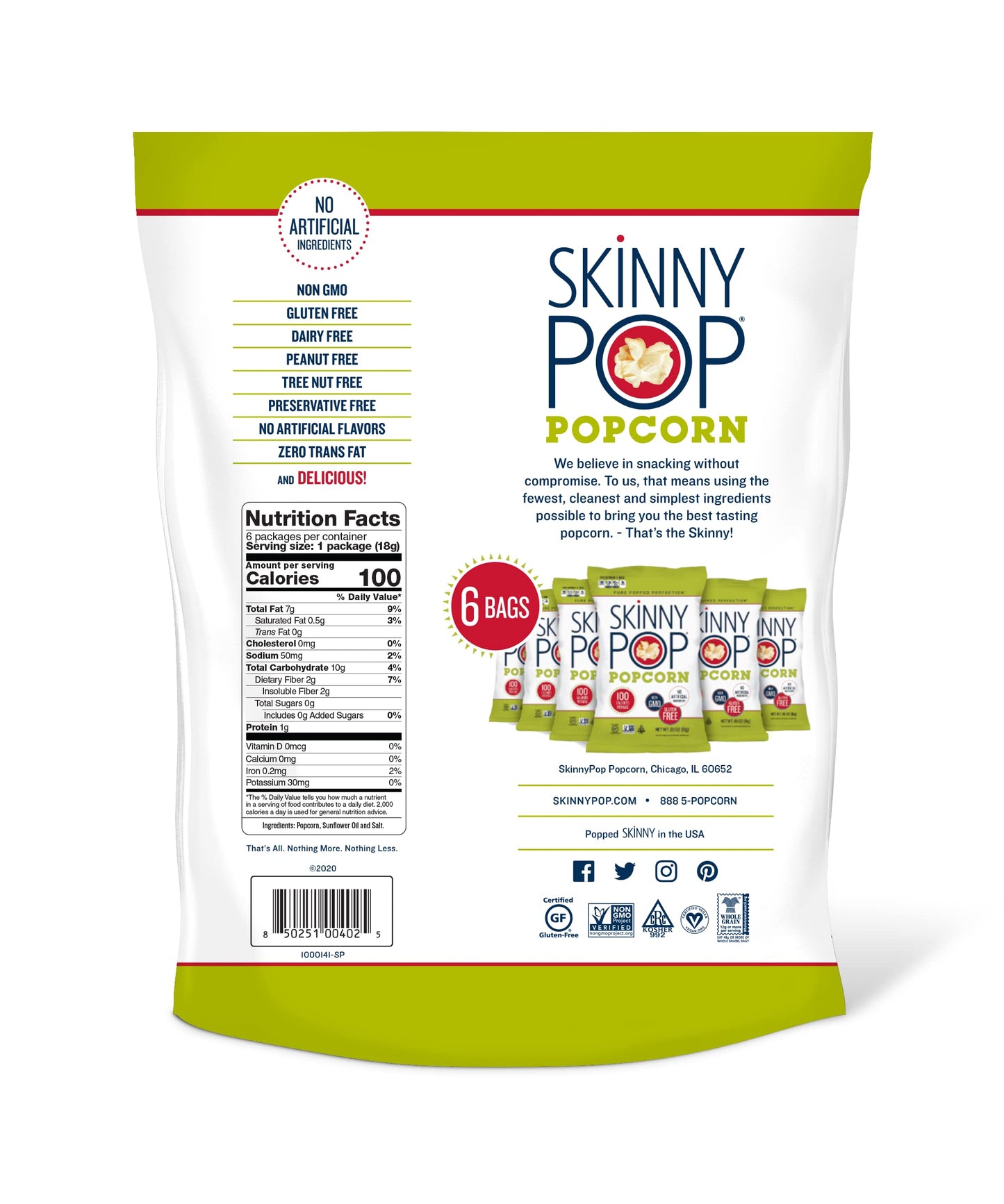 SkinnyPop Gluten Free Popcorn Snack Packs 6 Count