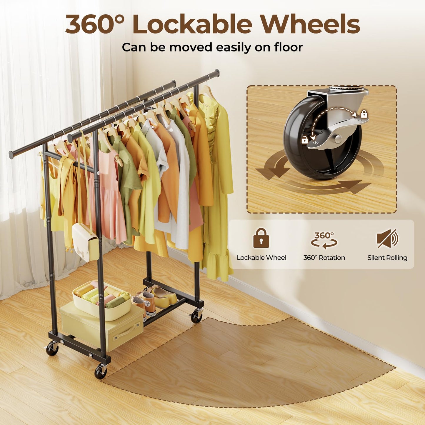 Double Rod Rolling Clothes Rack for Garments