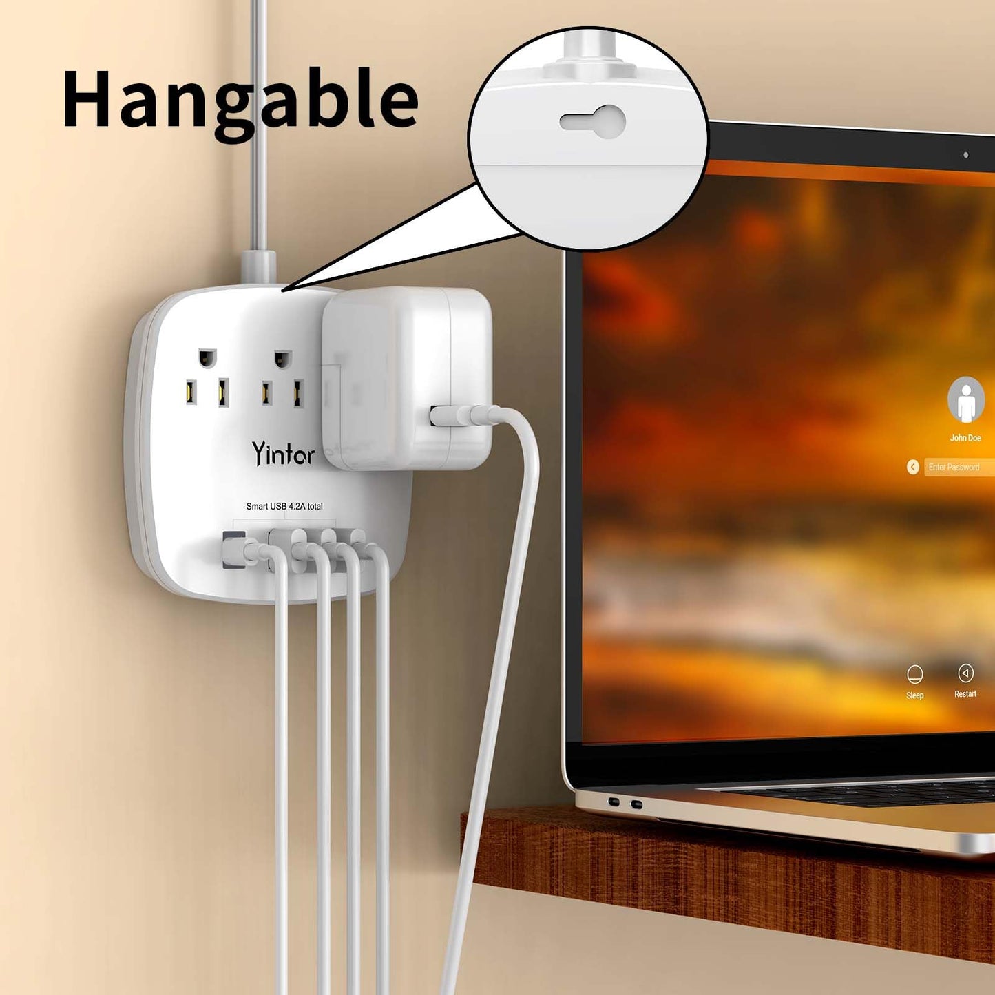 6 Ft Flat Extension Cord with 3 Outlets & USB