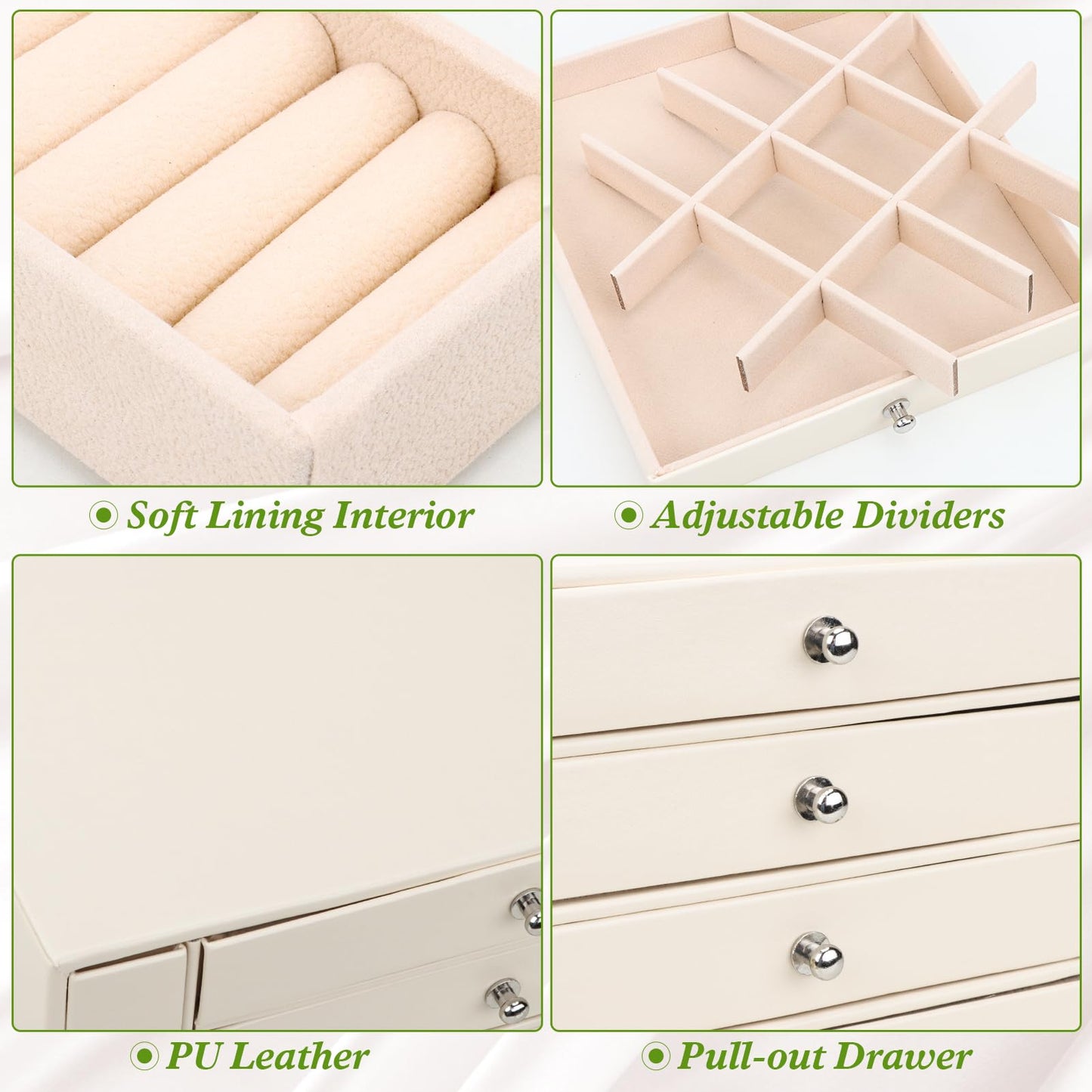DesignSter Jewelry Organizer Box, 4 Layers Leather Jewelry Organizer, Large Jewelry Box with Visible Side Drawers, Jewelry Storage Case For Necklaces Earrings Rings Bracelets Watches (Beige)