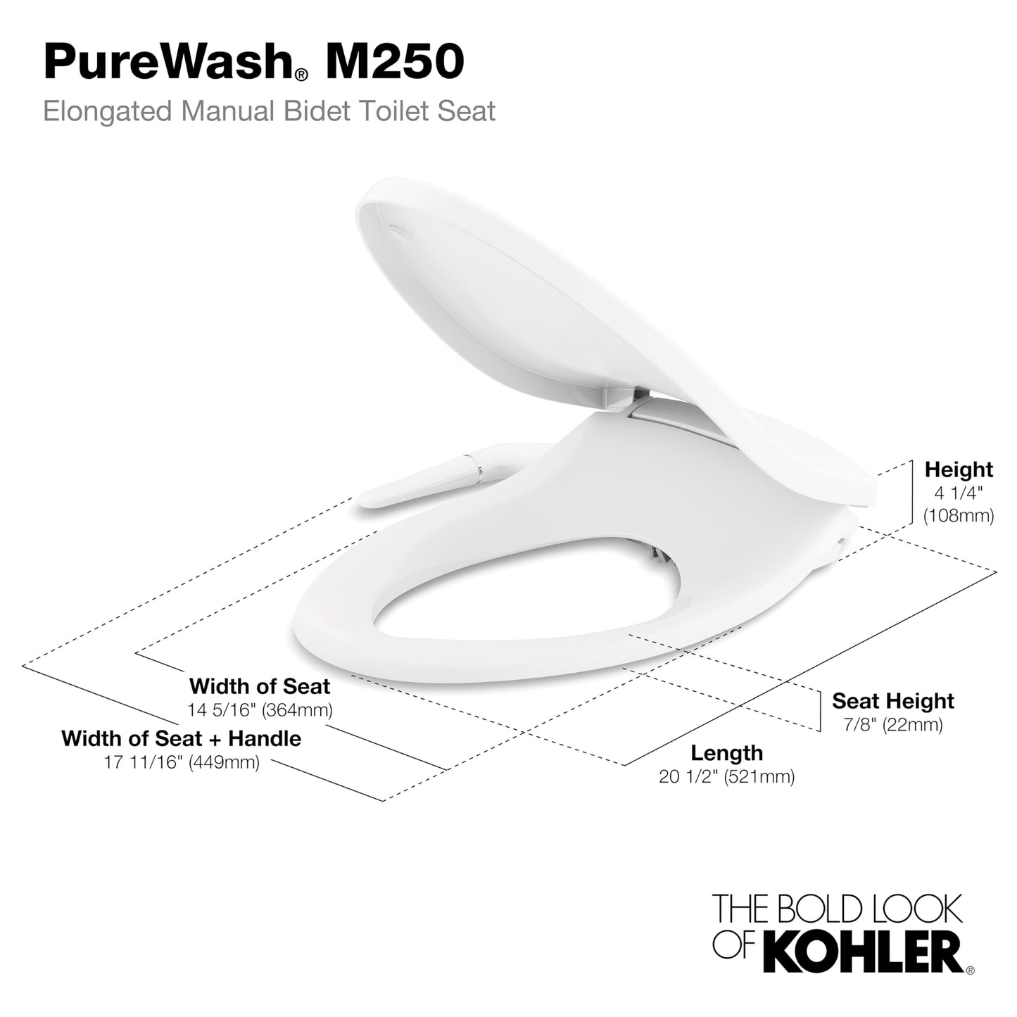 KOHLER 5724-0 PureWash M250 Elongated Bidet Toliet Seat, Manual Non-Electric Bidets for Existing Toilets, Adjustable Bidet Sprayer, White