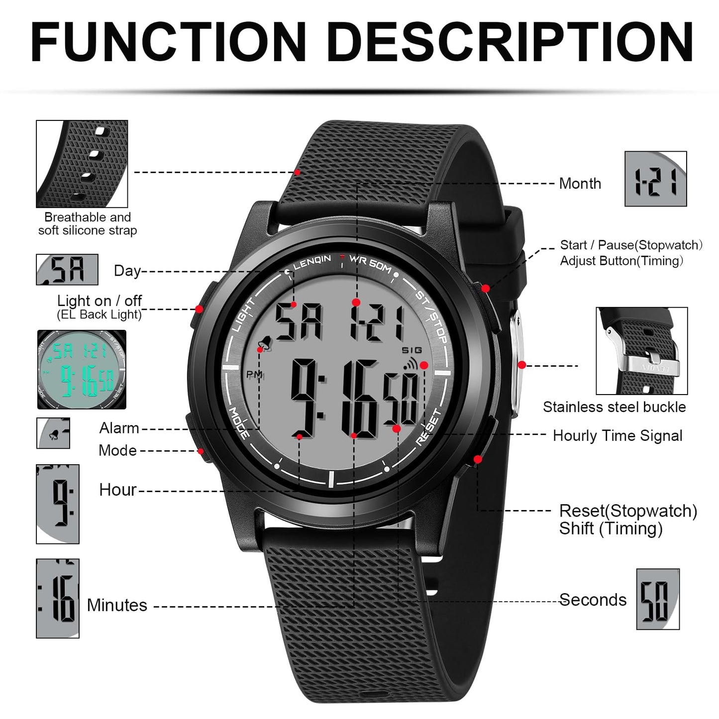 Digital Stopwatch Sports Watch with LED Backlight