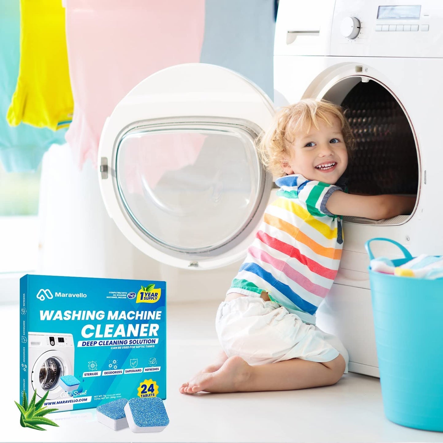 Maravello Washing Machine Cleaner Descaler Tablets Washing Machine Cleaning Tablets - for Front Load and Top Load Washers, Mold and Stain Remover for Laundry Tub 6-Month Supply (Sea Salt, 6 Count)