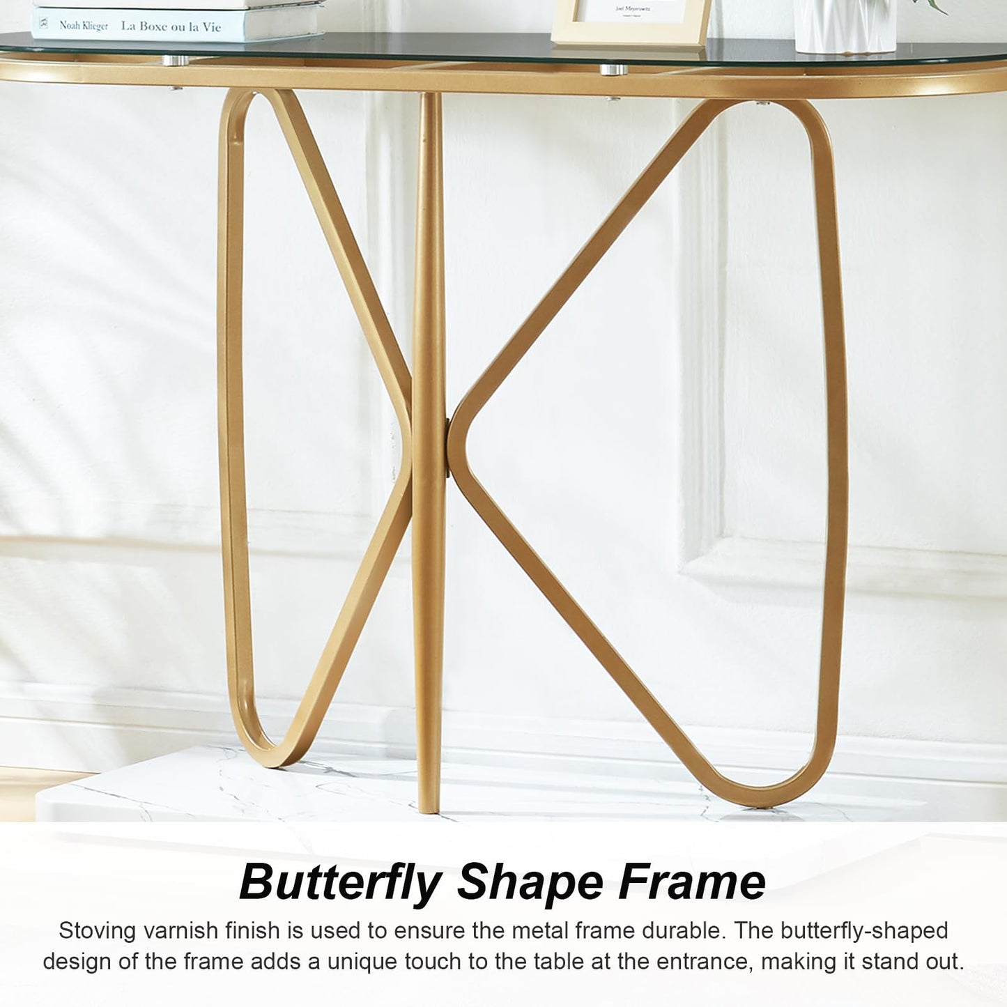 HOMISSUE Console Table, Modern Console Table with Tempered Glass Top and Metal Frame, Glass Entryway Table with Marbled MDF Base, Console Table for Entryway, Hallway, Living Room (Gold&Grey Glass)