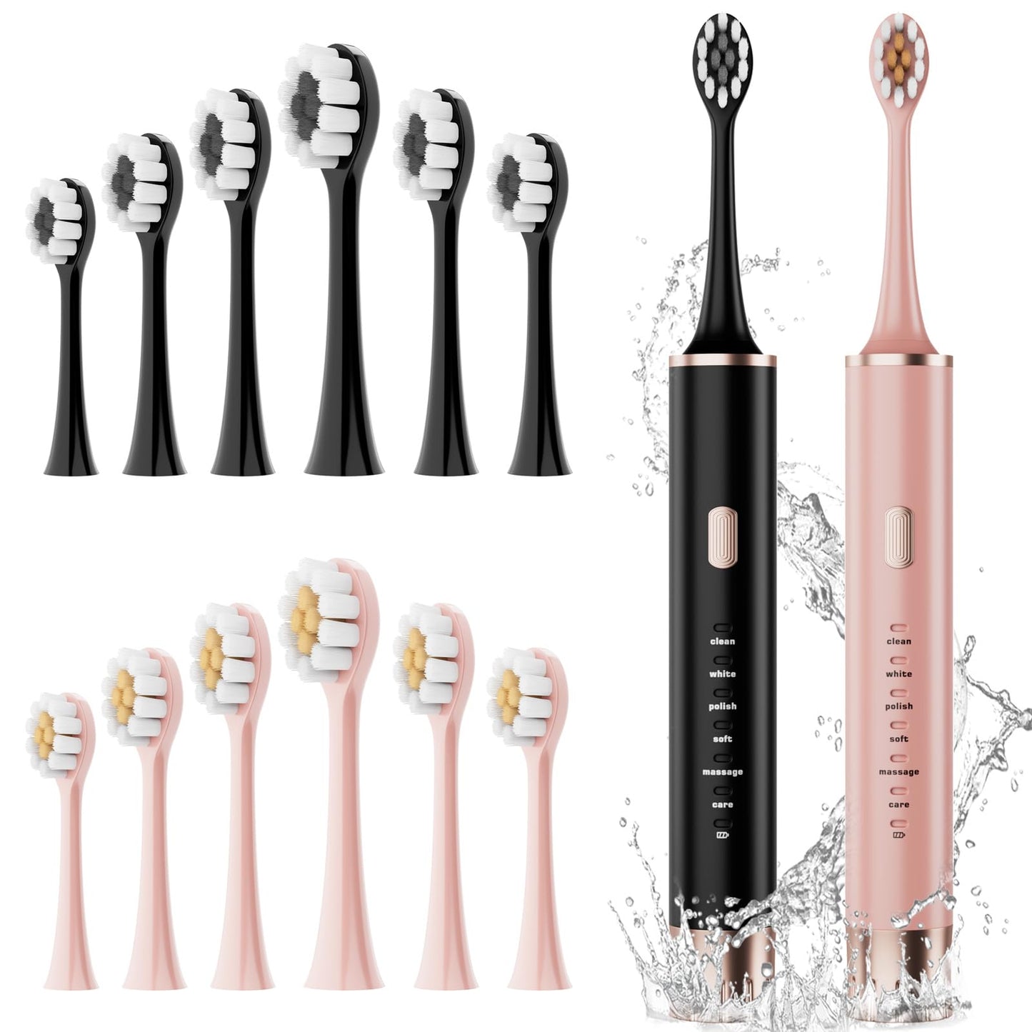 Aneebart Black & Pink Electric Toothbrush for Adults, 2 Pack Toothbrush,USB Rechargeable Sonic Toothbrush with 12 Brush Heads, Smart Timer, 6 Modes, 2-Hour Fast Charge Last 30 Days