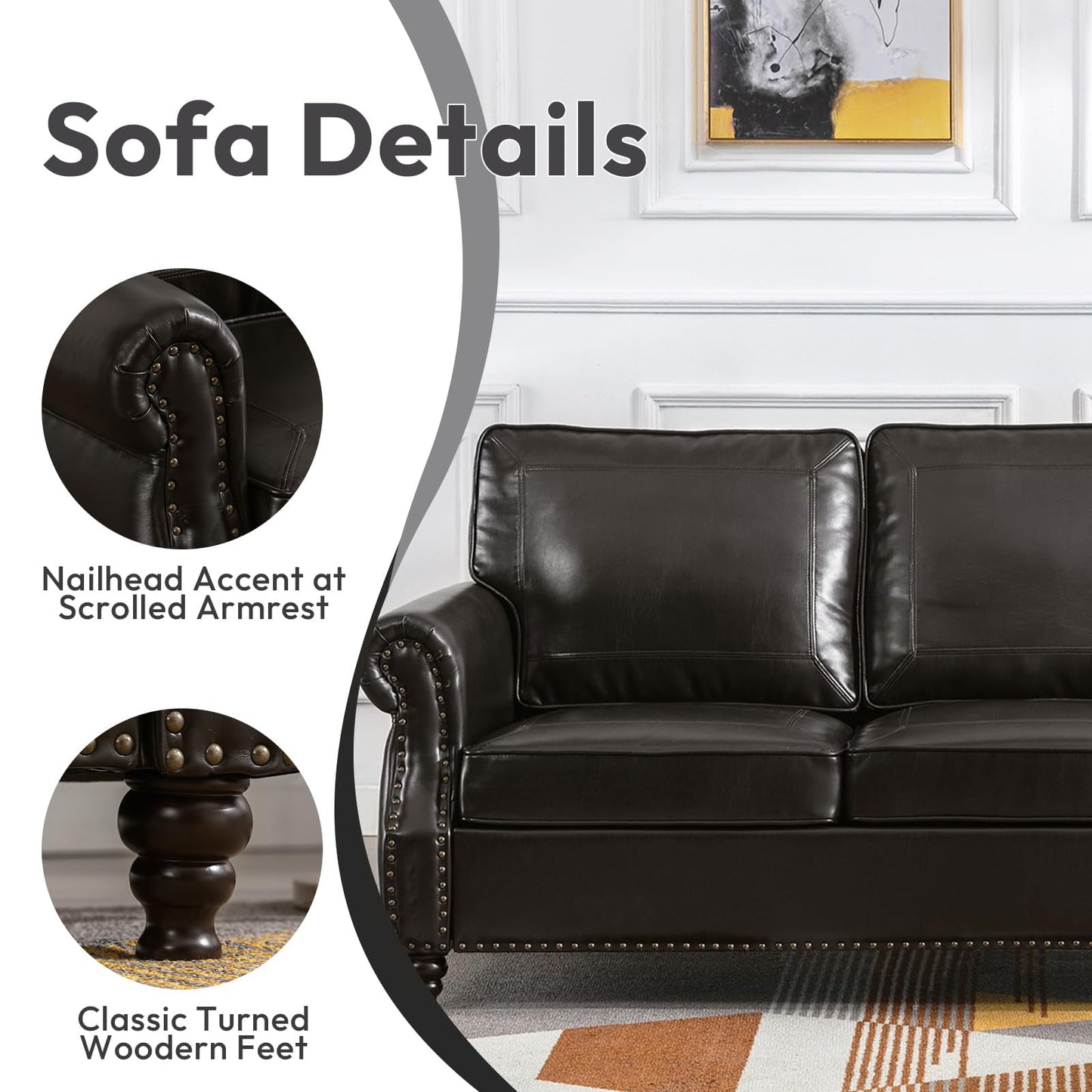 Dreamsir 79'' Traditional Faux Leather Sofa Couch with Nailhead Trim, Classic 3-Seater Couch with Rolled Arms for Living Room, Bedroom, Apartment, Easy Assembly (Charcoal)