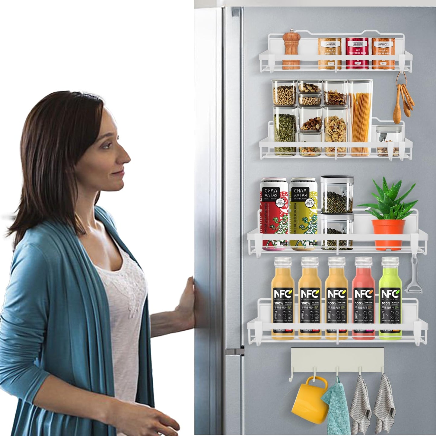 HCBaoXGui Magnetic Spice Rack for Refrigerator,5 Pack Magnetic Shelf for Fridge Magnetic Organizer Seasoning Rack Kitchen Organizer with 13 Magnetic Hooks,Refrigerator Magnet Shelf (White)