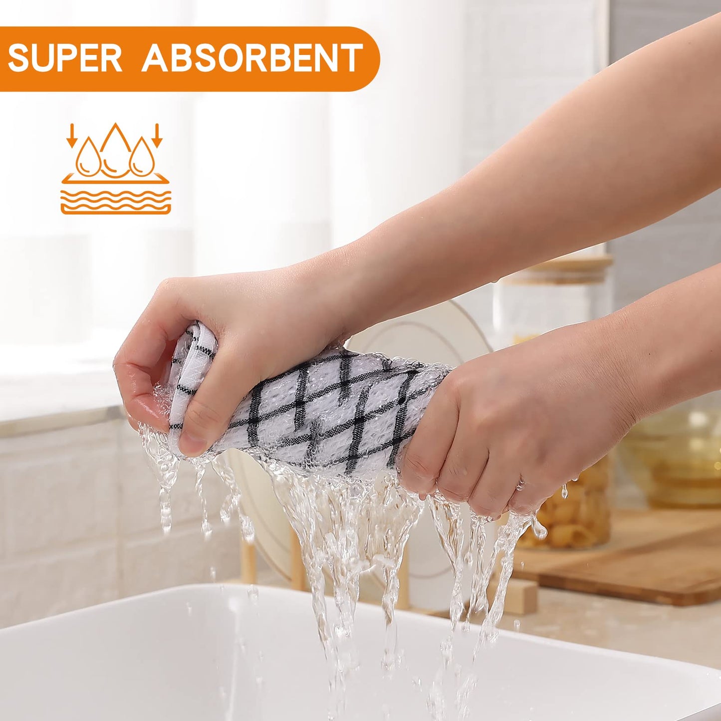 Fintale 100% Cotton Dish Cloths - Soft, Super Absorbent and No Lint Dish Towels for Kitchen - Good for Drying and Washing Dishes - 6 Pack (Lattice Designed, Black) - 12 x 12 Inches