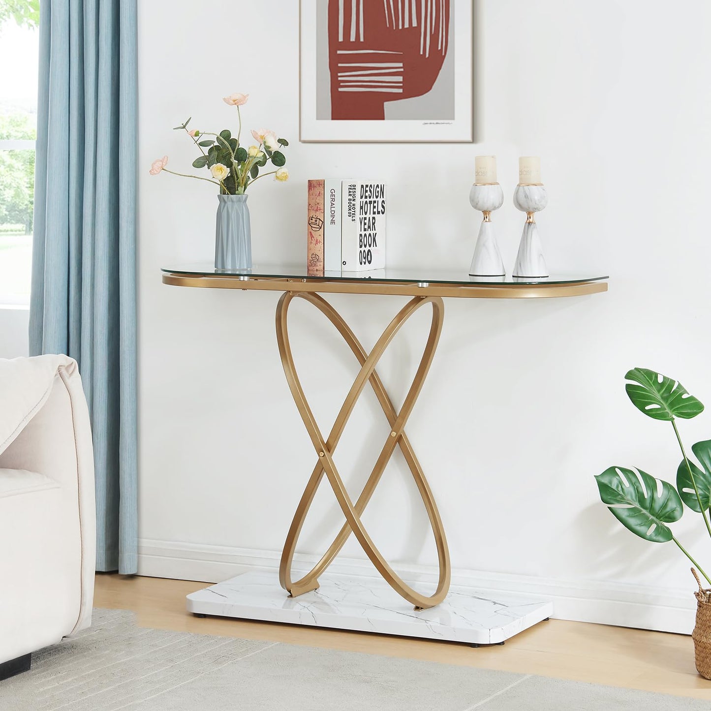HOMBAZAAR Modern Entryway Table, Glass Entrance Sofa Table with Oval Frames and Marbling MDF Base, Chrome Glass Console Table for Living Room, Entryway, Hallway, Bedroom,(Gold,Clear Glass)