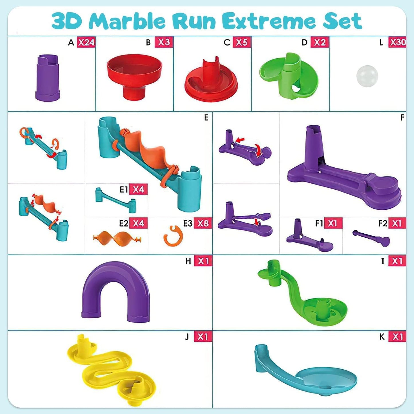 Marble Run Set, 142 Pcs Marble Race Track for Kids with Glass Marbles Upgrade Marble Works Set, Maze Game DIY Educational Playset Birthday Gift for Ages 3+