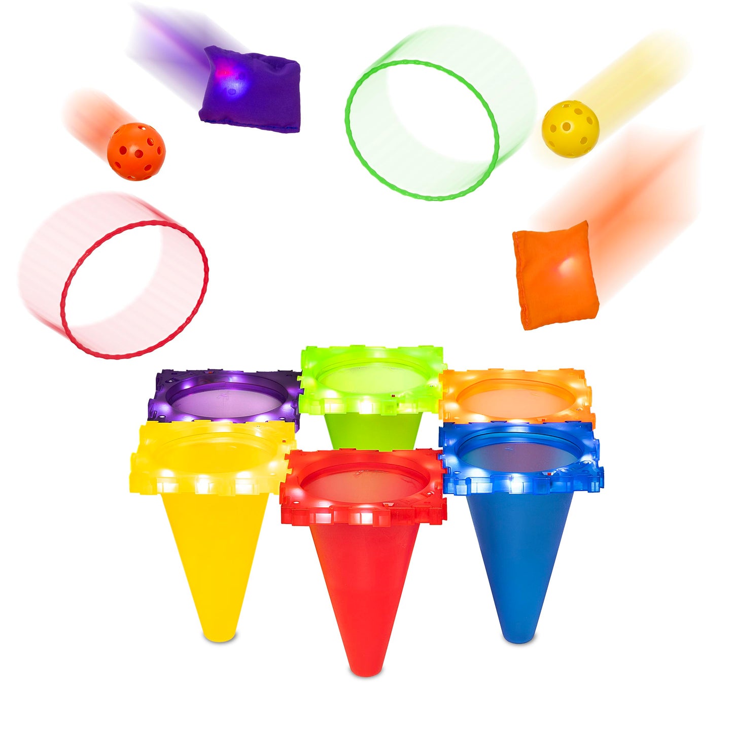 Carnival Outdoor and Indoor Games with LED Lights Combo Set for Kids 3 in 1 Throwing Game Toys Ring Toss, 30 Piece Cornhole Bean Bags, Plastic Cone Games, with LED Lights for Kids Night Play