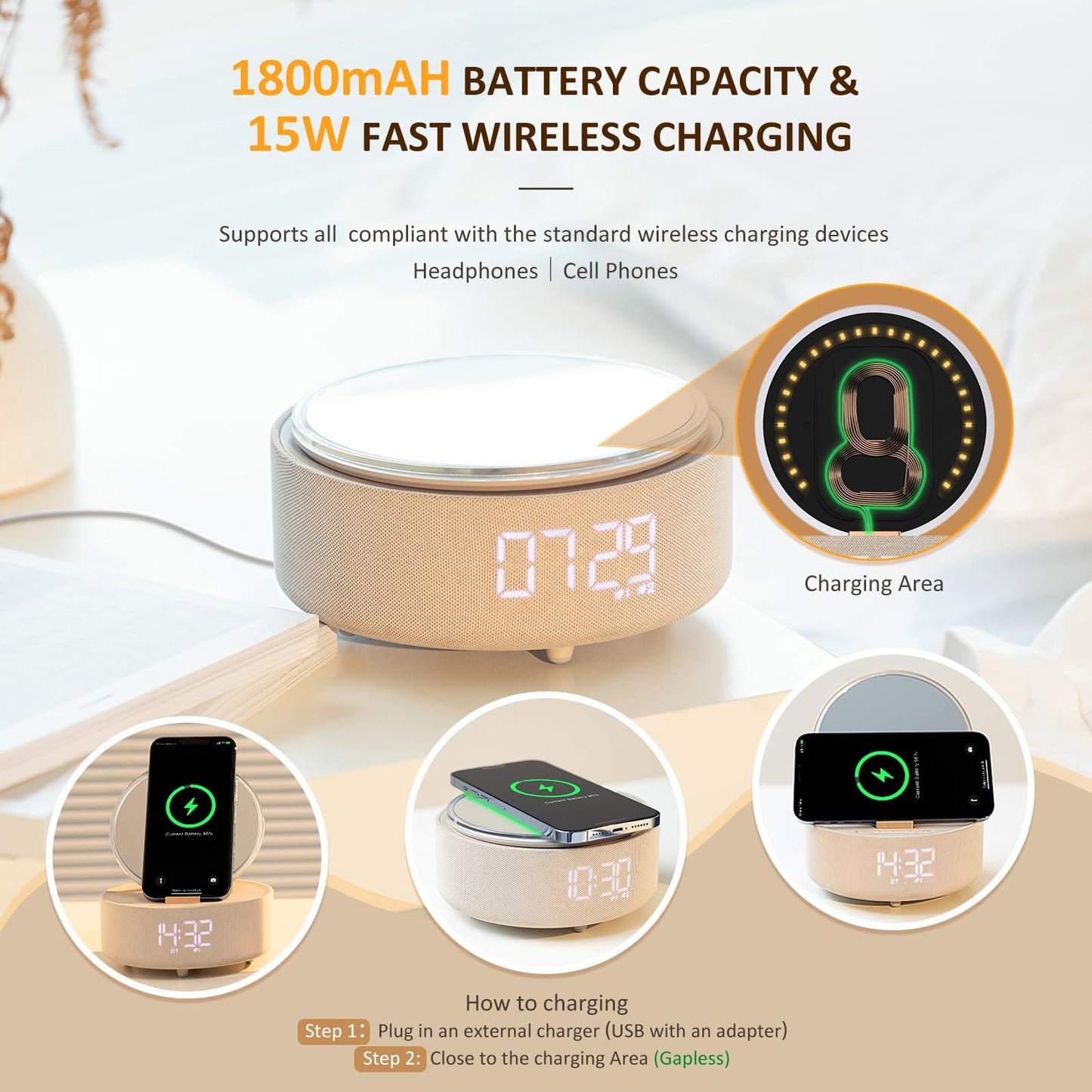 Bluetooth Speaker Alarm Clock with Wireless Charger
