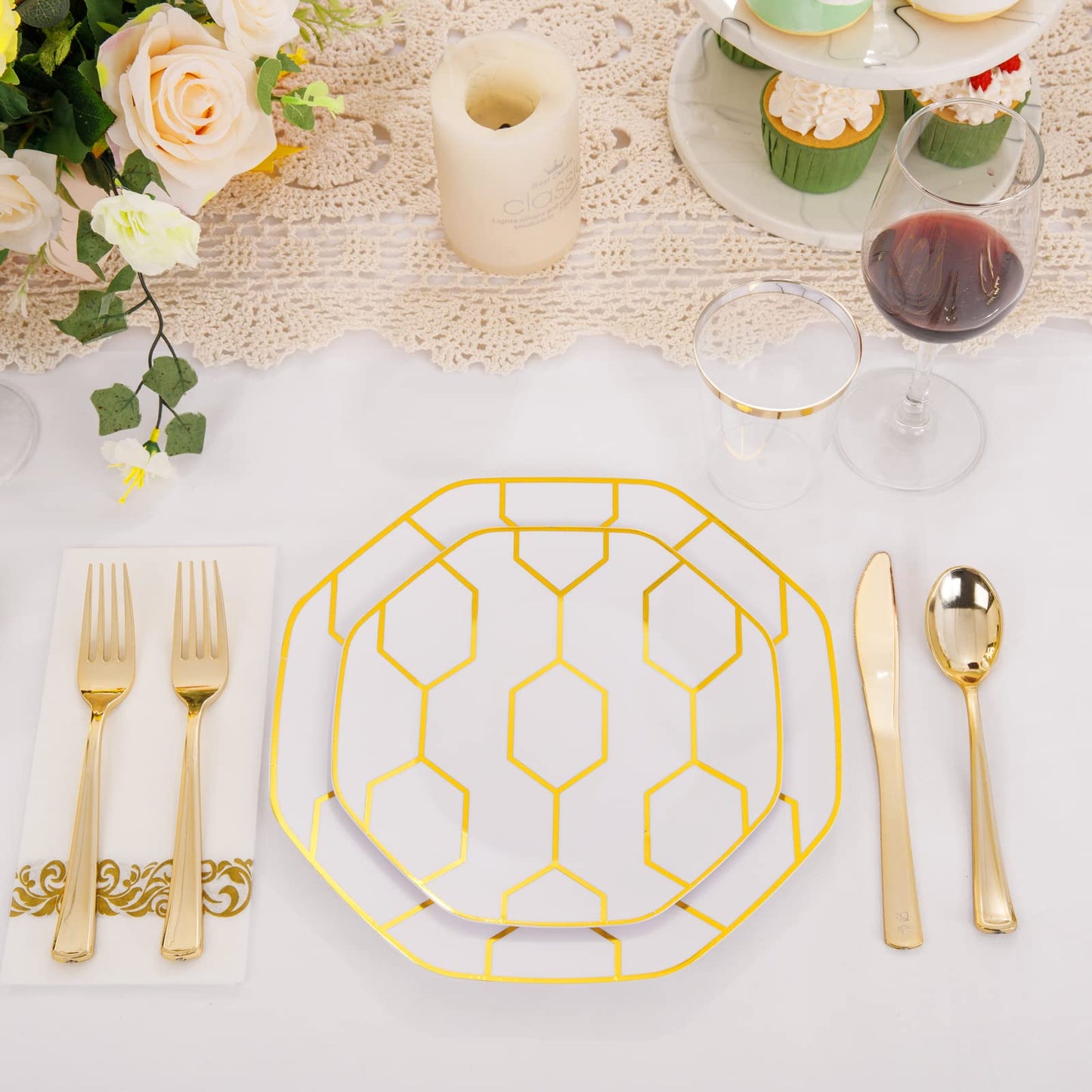 COLOSUS 175PCS Gold White Party Plates Set