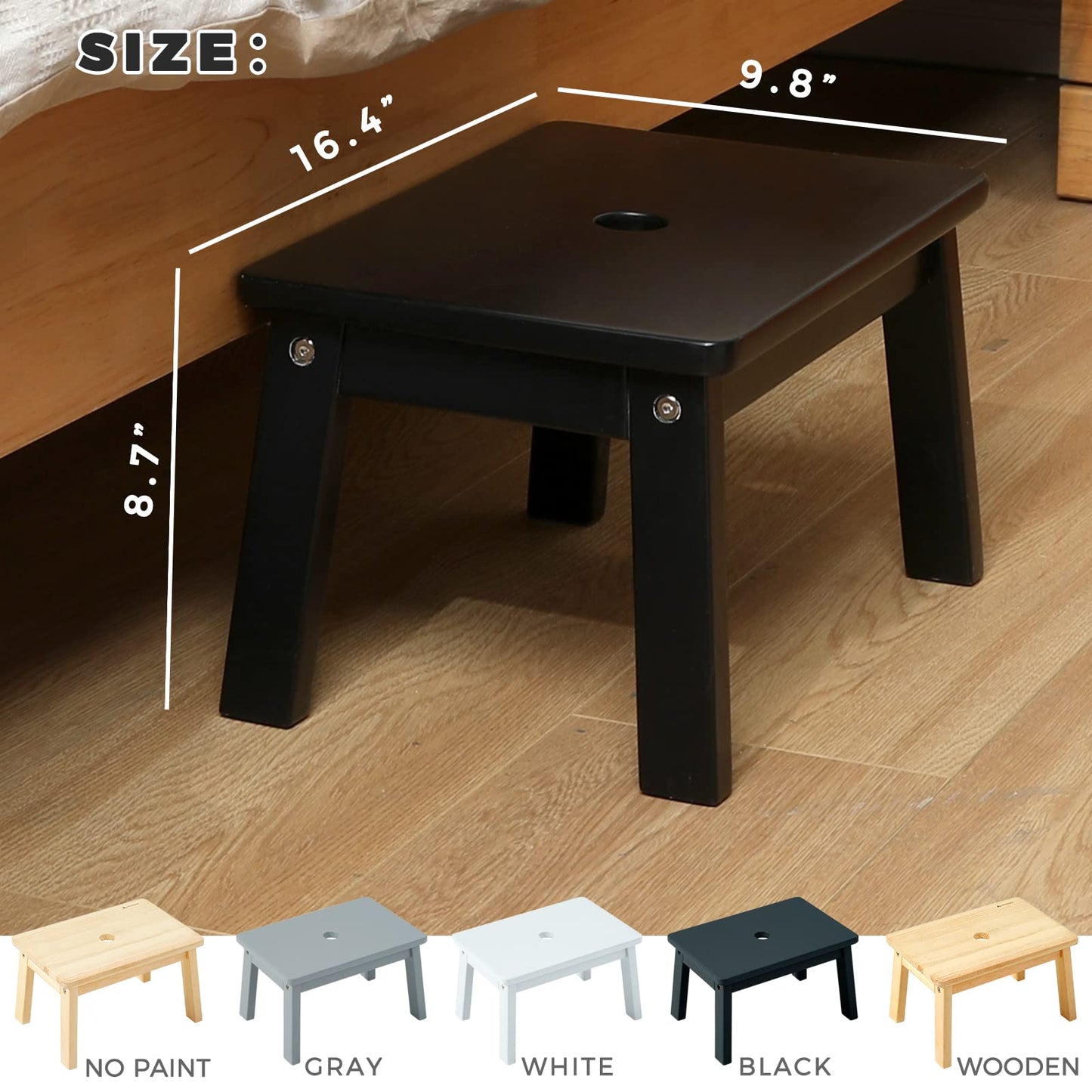 HOUCHICS Black Wooden Step Stool for Kids,Wood Stool for Kitchen Bedroom Living Room Bathroom Toilet Nursery Toddlers Potty Training Stool with Non-Slip Pads and 220lb Load Capacity (White