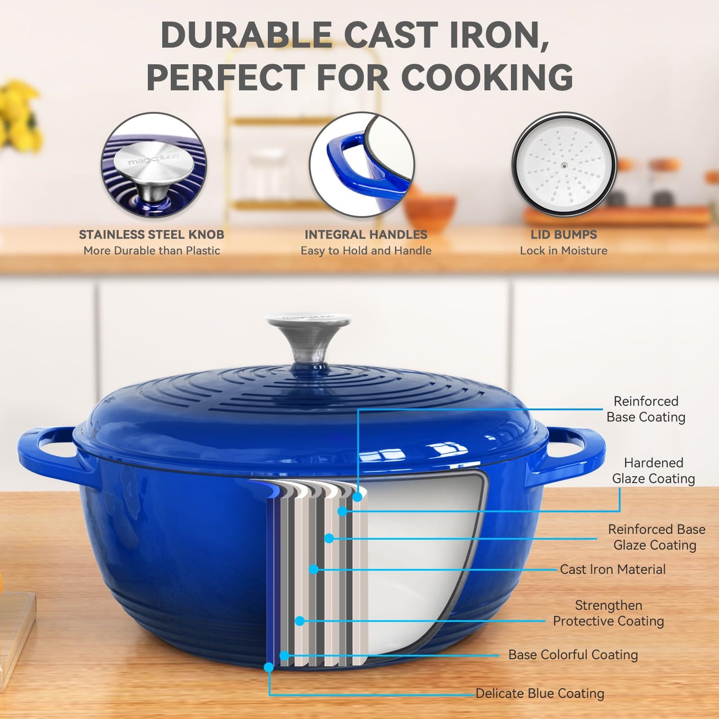 magicplux 3.5 Quart Dutch Oven, Enameled Cast Iron Dutch Oven Pot with Lid, Dual Handles, Blue