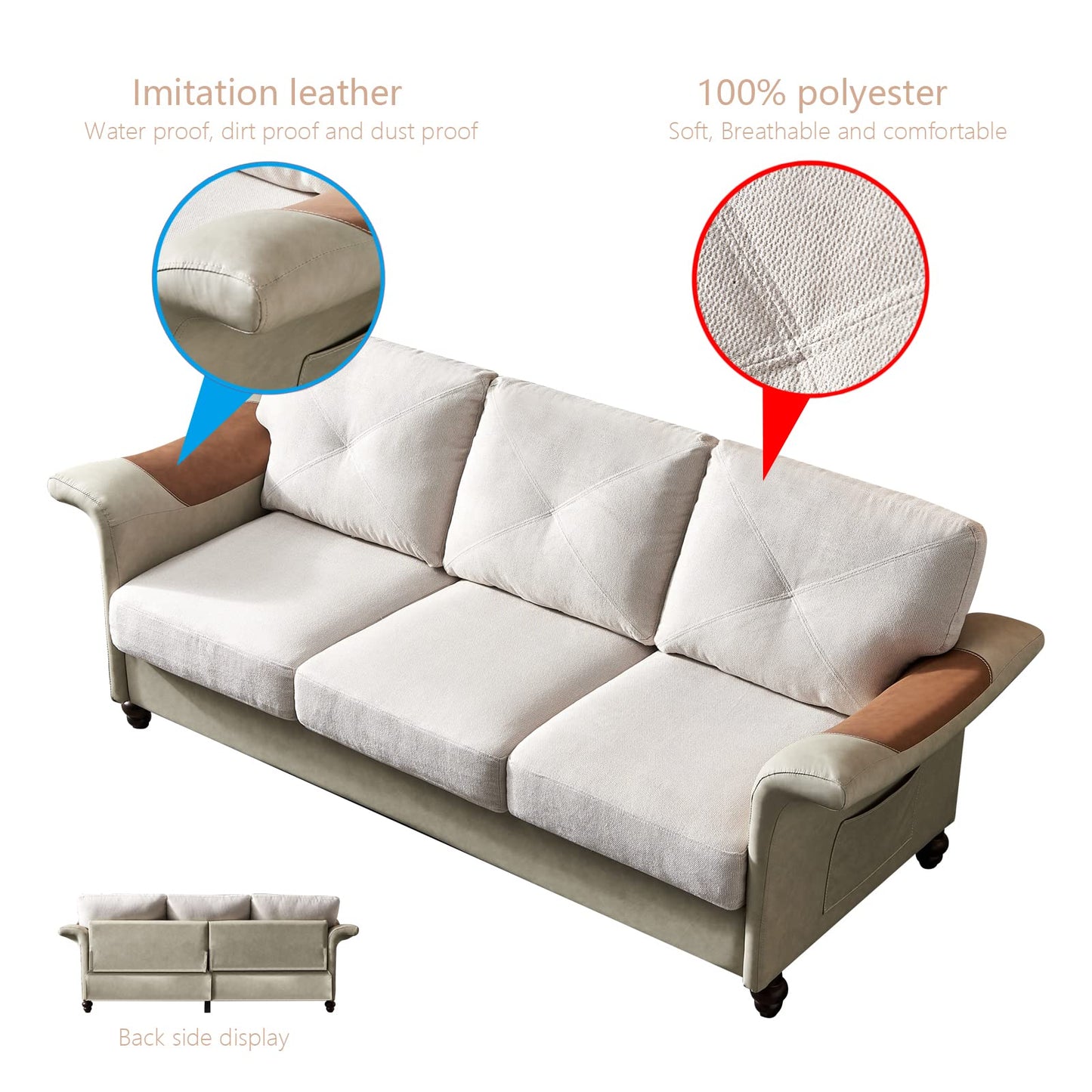 DHPM Sectional Faux Leather with Wood Leg, 2 Pieces Mid-Century Sofa Living Room Furniture Sets, Linen Upholstered Couch include 3 Seater and Loveseat for Home or Office (2+3 seat), Beige