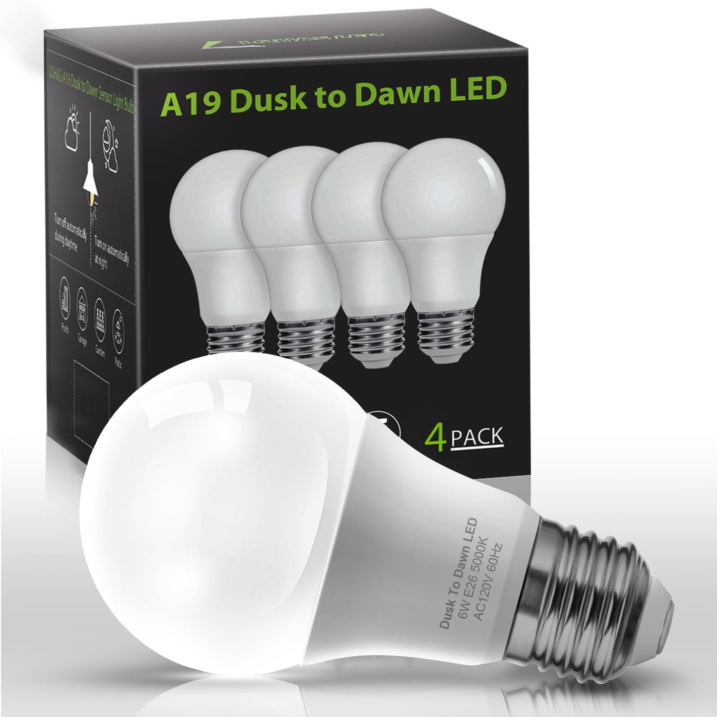 LED Dusk to Dawn Light Bulbs, 5000K, 4 Pack