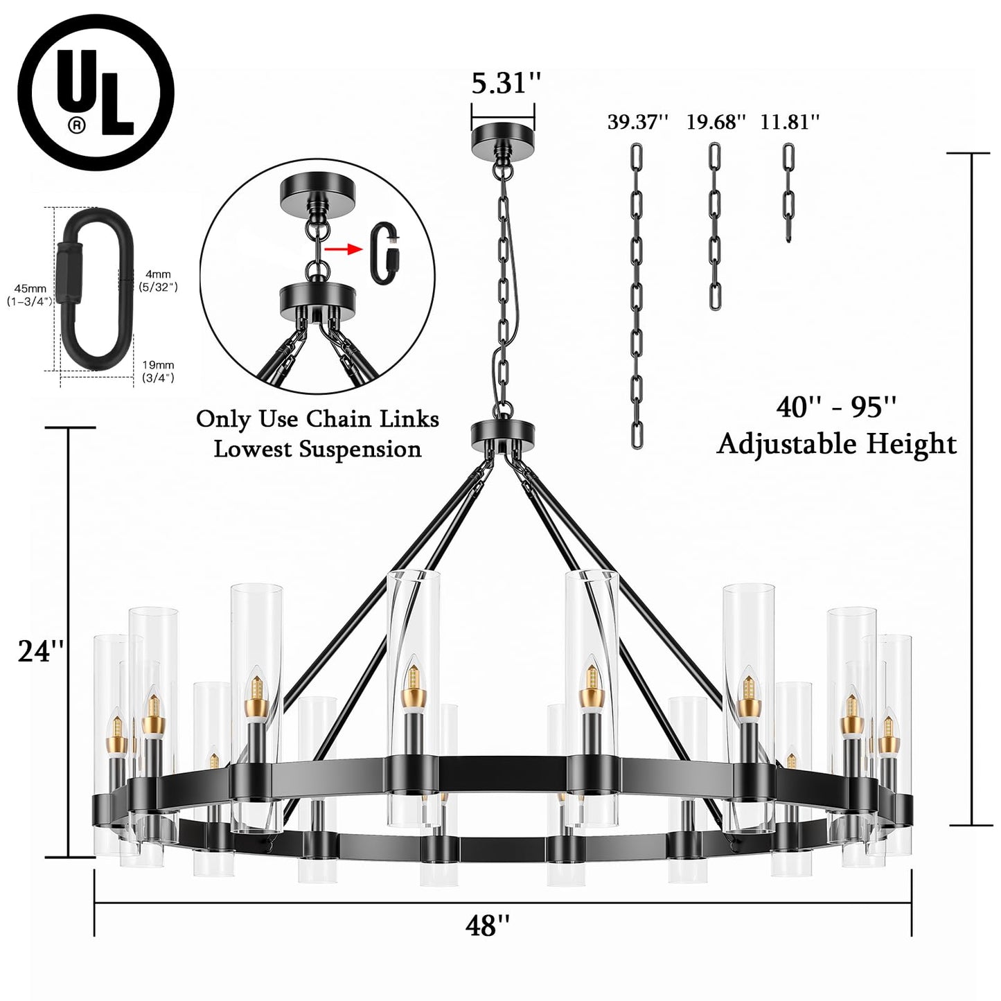 48" Black Wagon Wheel Chandelier with Glass Shade