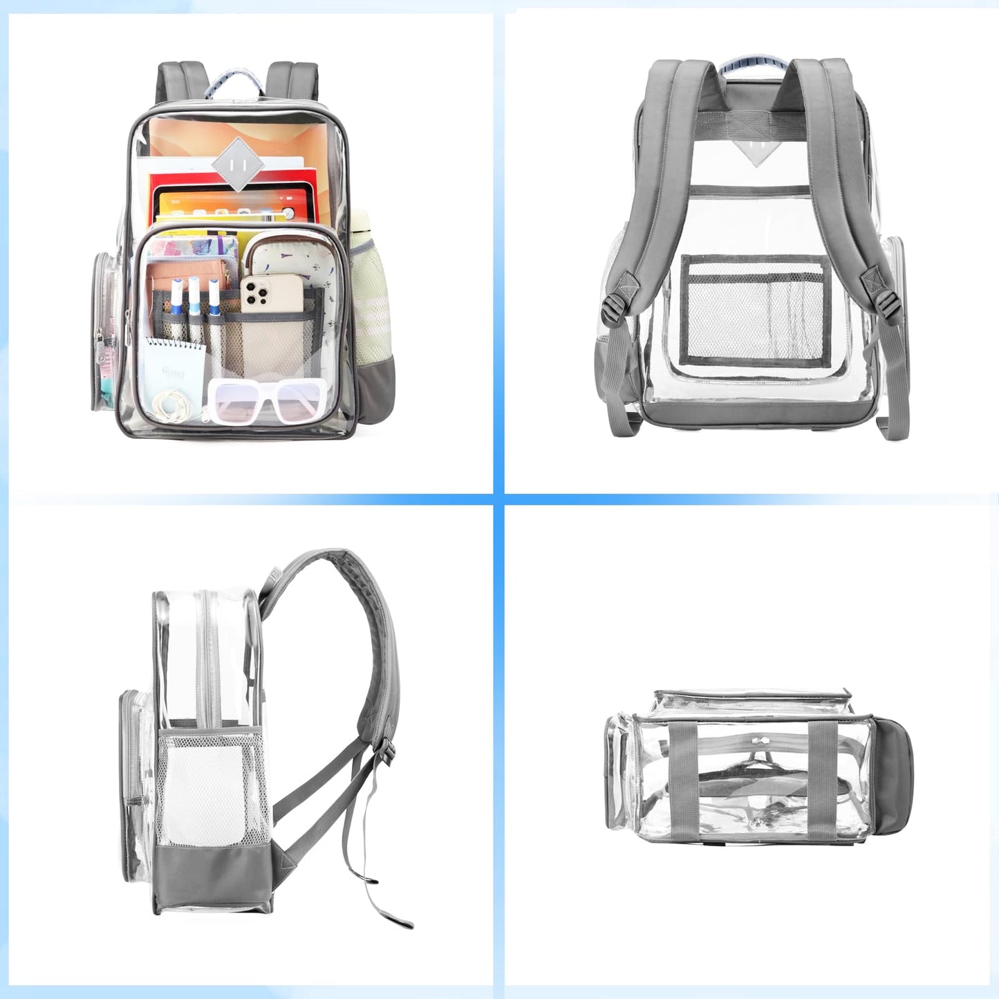 ASKSKY Large Clear Backpack for Men, Heavy Duty PVC Transparent Bookbag for Women Stadium Approved See Through Back Pack Fits 16 inch Laptop for School Work Travel, Gray