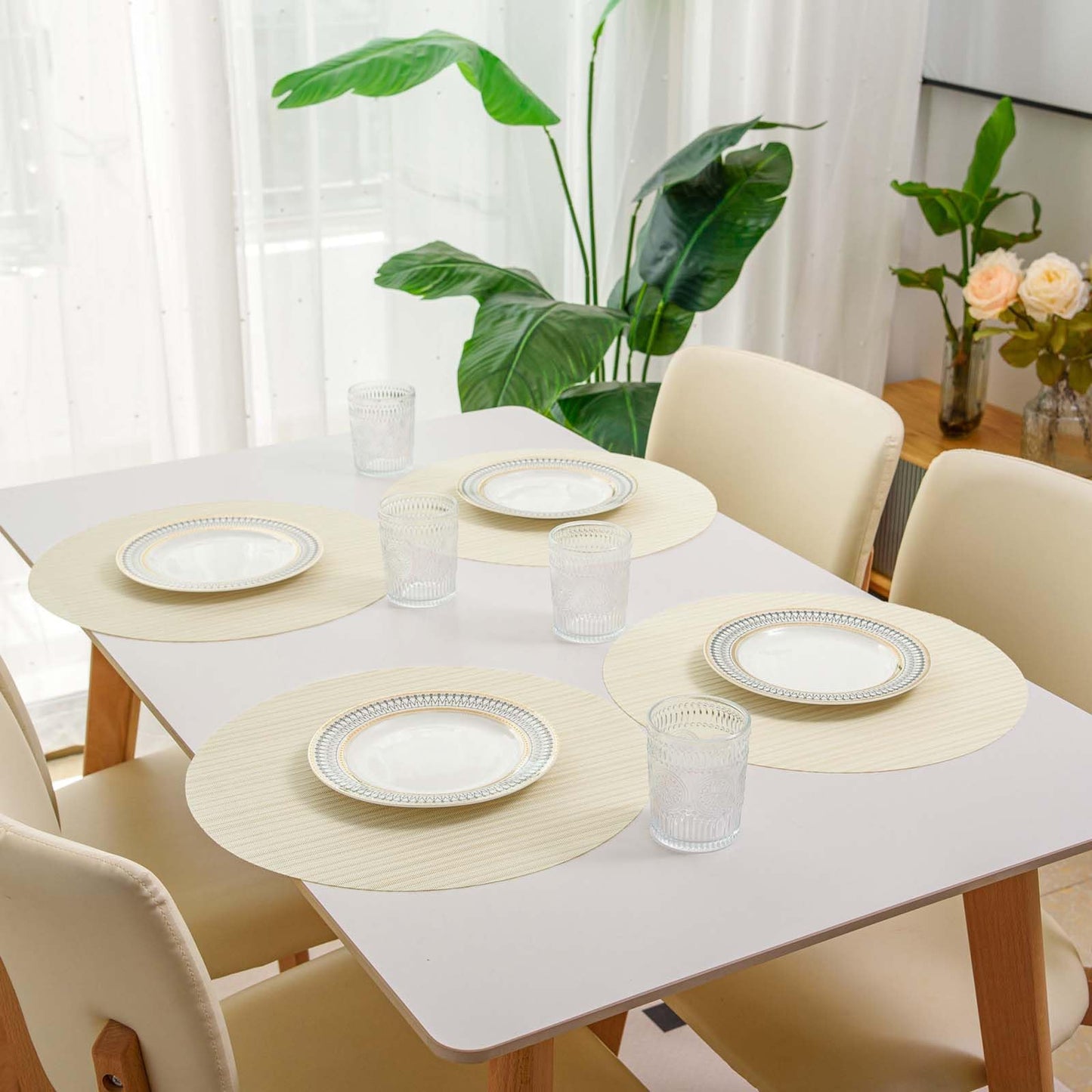 FunWheat Placemats Set of 8 Vinyl Washable Place Mats for Dining Table Durable Plastic Woven Round Table Mats 15 inches Easy to Clean (Round Beige, 8pcs)