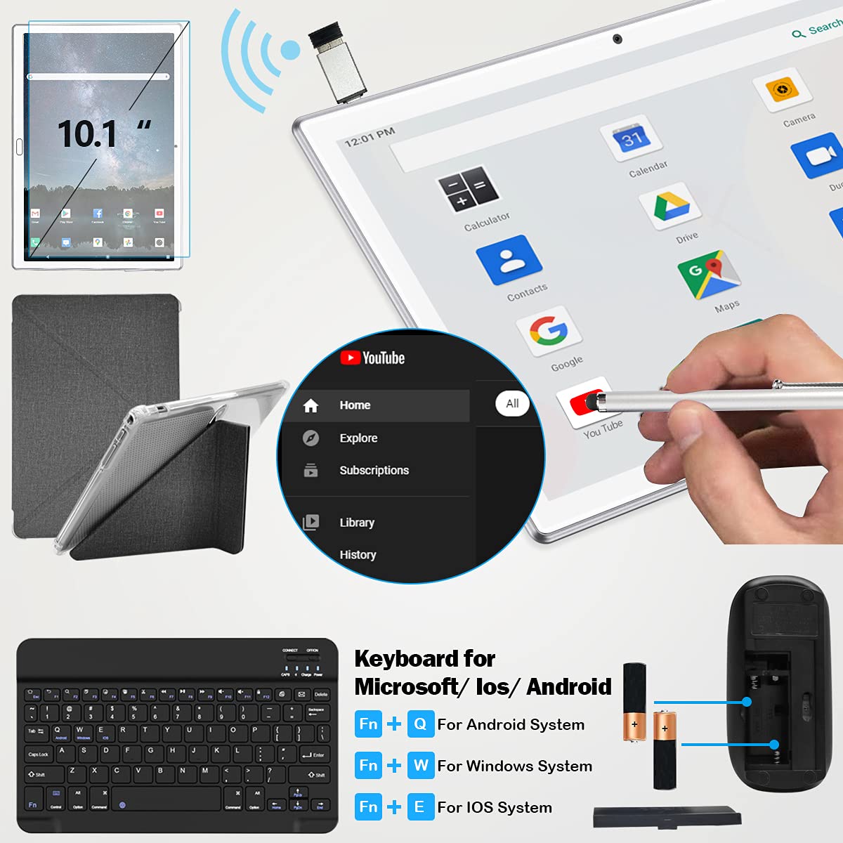 2 in 1 Tablet 10.1 Inch, Android 13.0 Tablets, 64GB/128GB ROM, Dual 4G Cellular with Keyboard, 18MP Camera, Octa-Core Processor, WiFi, GPS, Bluetooth, Google Certified Tablet PC(2024 Silver)