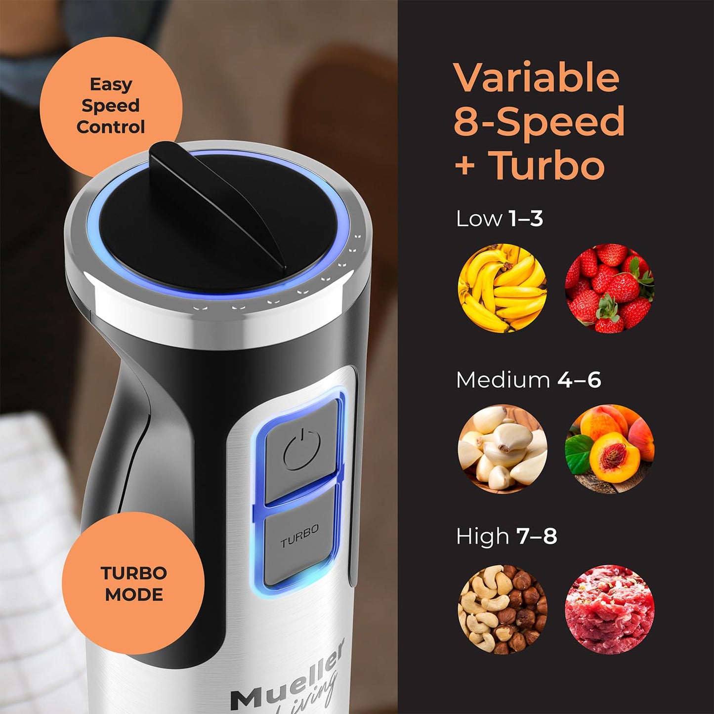 Mueller 8-Speed Handheld Immersion Blender for Kitchen