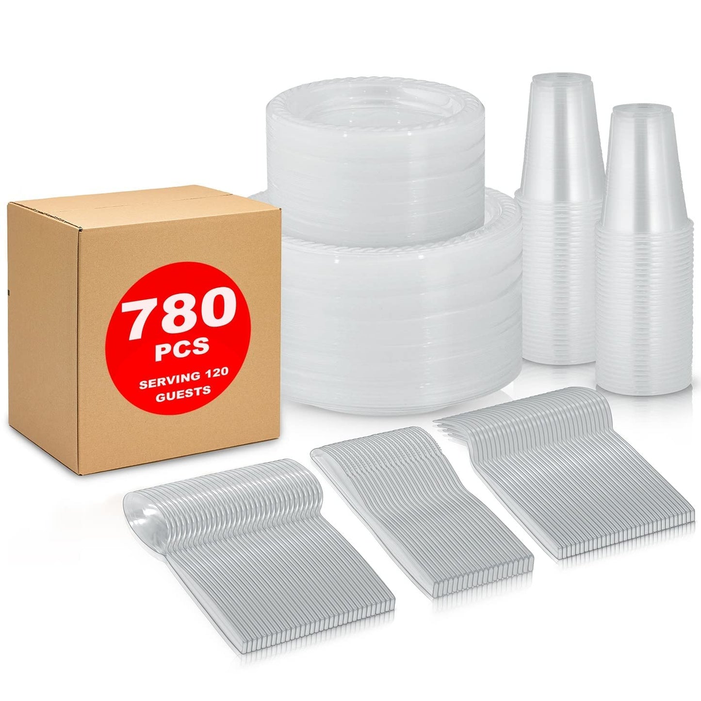 780 Piece Disposable Clear Tableware Set for 120 Guests By Framo - Microwavable Plastic Dinnerware Set of 120 9” Plates, 180 6” Dessert Plates, 120 9oz Cups,120 Spoons, Forks, Knives,
