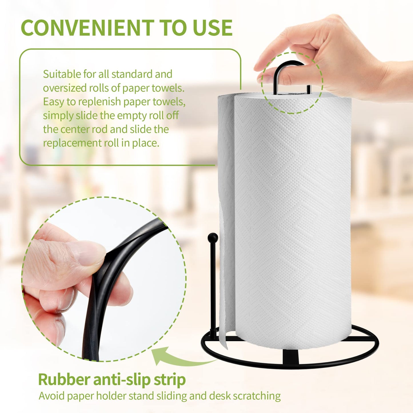 Paper Towel Holder Countertop, Black Paper Towel Holder - Kitchen Roll Holder for Standard and Large Size Rolls (Deep Black)