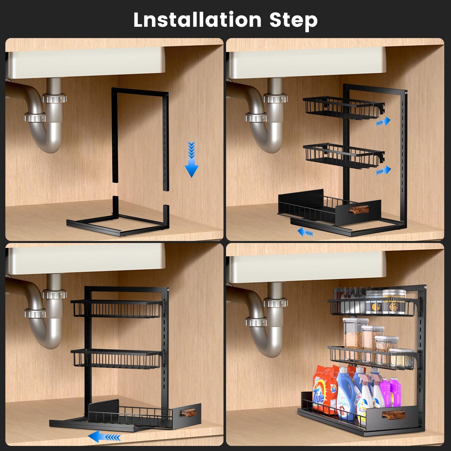 HOYRR Under Sink Organizers and Storage, 3 tier Adjustable Under Sink Organizer, Under Sink Organizer, Under Sink Storage, Suitable for kitchen sink.(black)