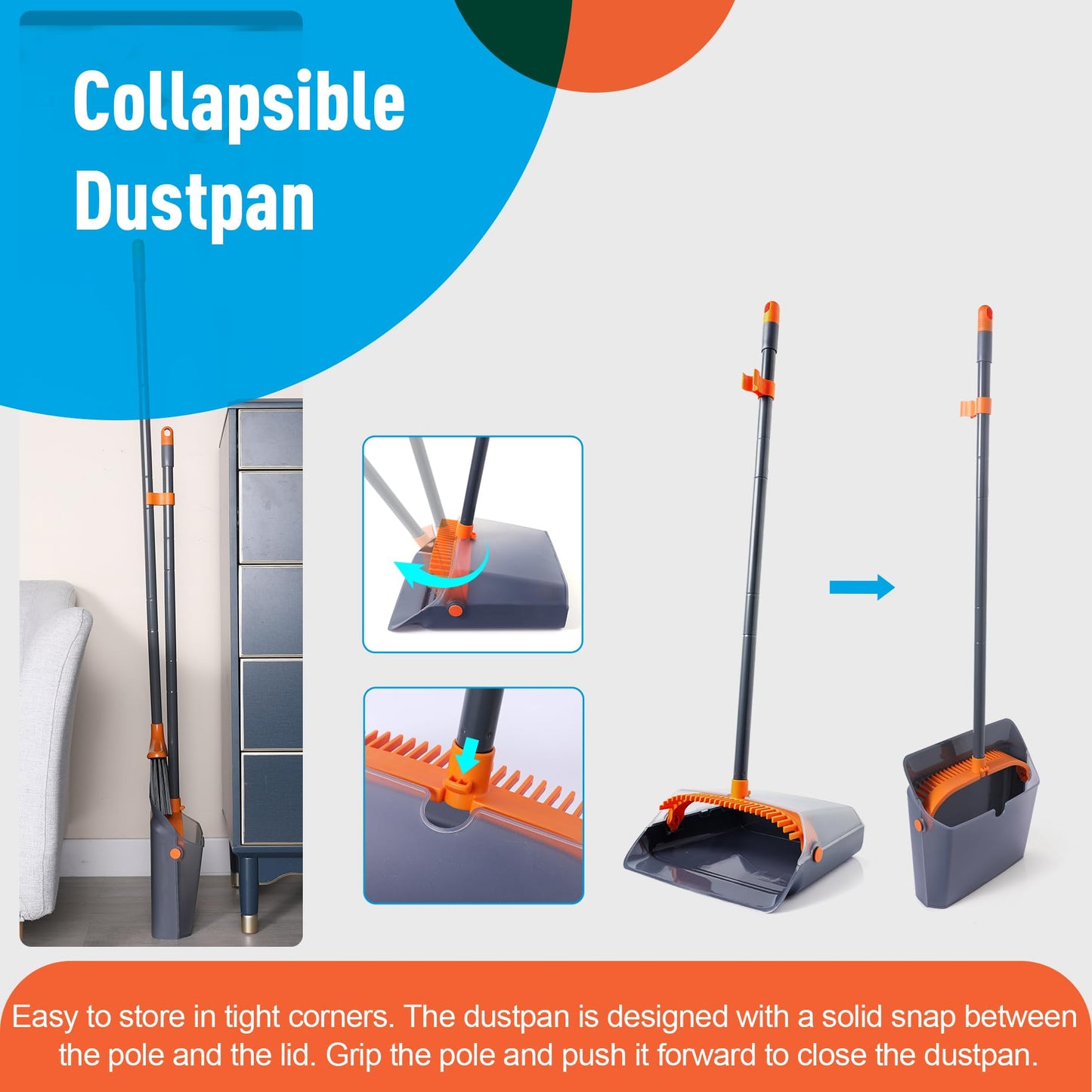 CLEANHOME Upgrade Broom and Dustpan Combo Set with Teeth for Home Kitchen Garden Cleaning, Long Handle Broom and Standing Dustpan Set for Indoor Sweeping,Grey