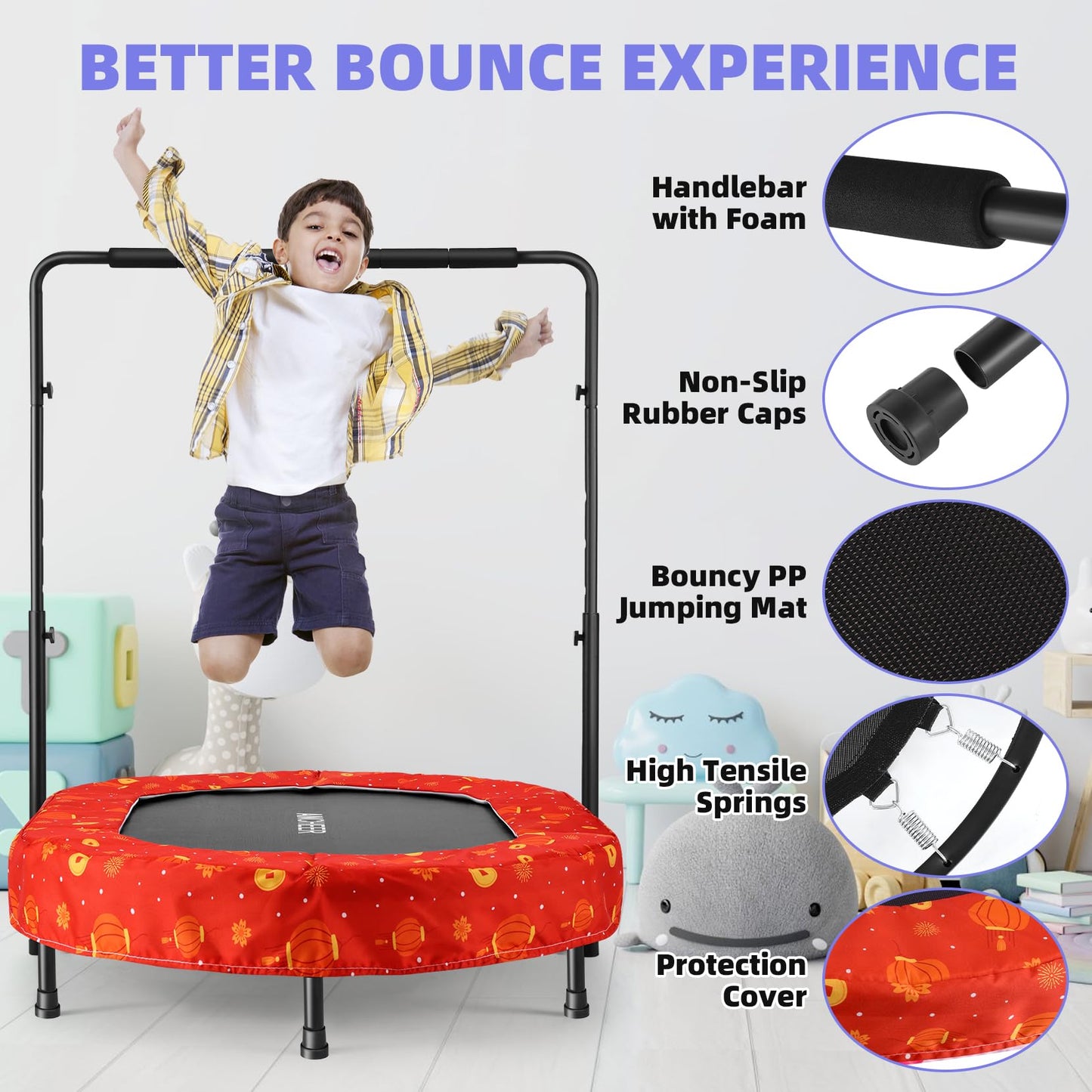 Kids Mini Trampoline with Adjustable Handlebar