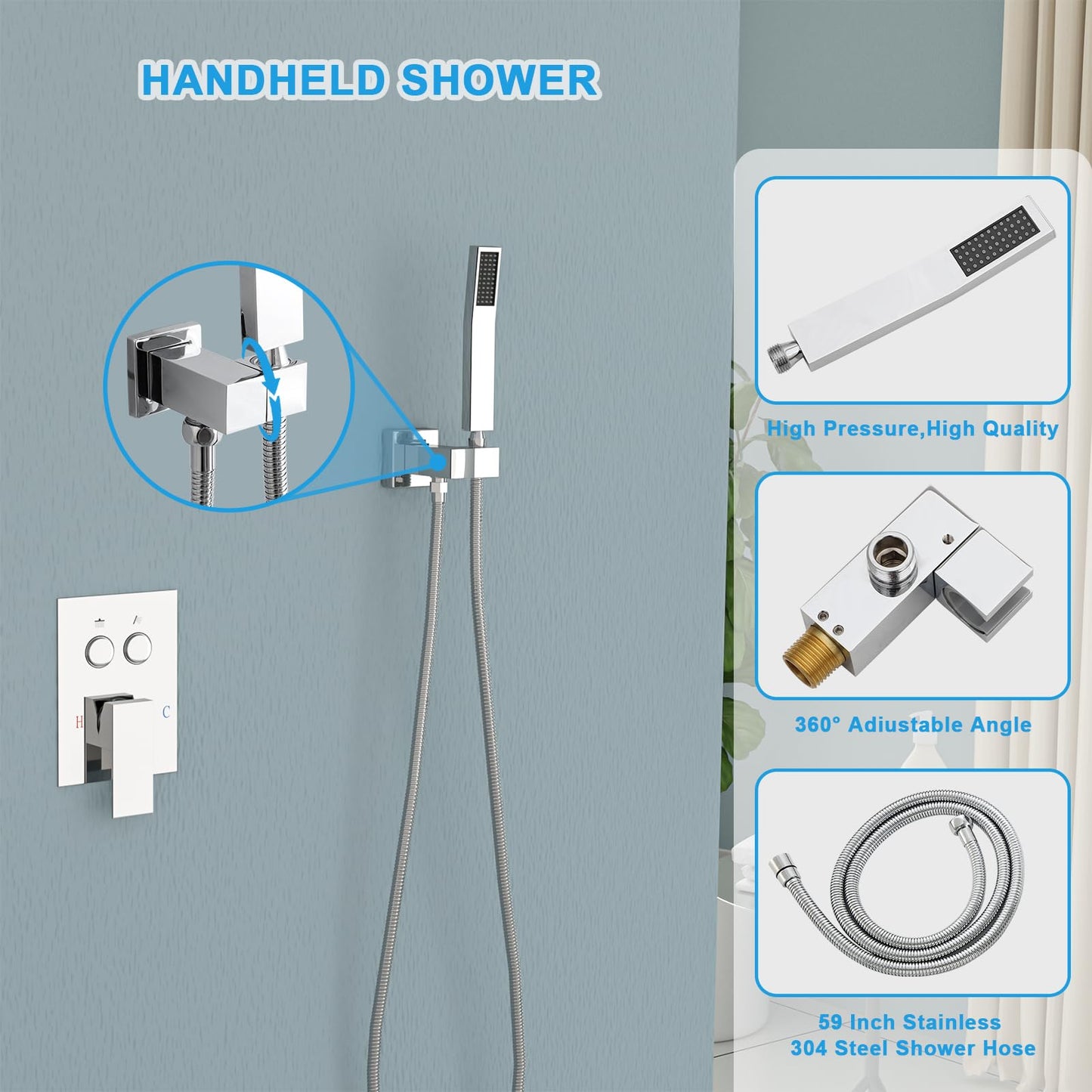 Lordear Shower System 12 Inch Shower Head,Shower Faucet Set Wall Mounted Chrome Finish Stainless Steel Shower Head and Handheld,Button Adjustment,Brass Main Body Shower Valve Included