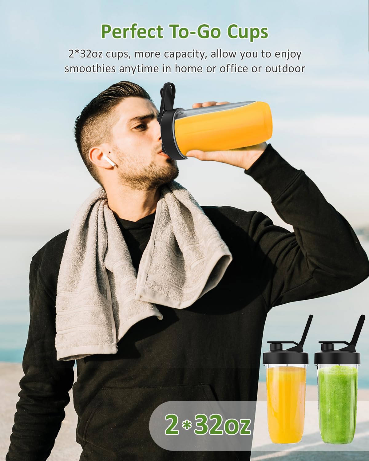 Compact 1300W Smoothie Blender with To-Go Cups