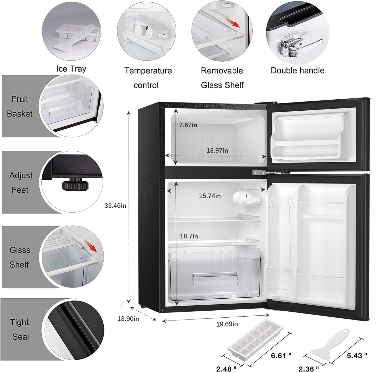 Antarctic Star Compact Mini Refrigerator Separate Freezer, Small Fridge Double 2-Door Adjustable Removable Retro Stainless Steel Shelves Garage Camper Basement/Dorm/Office 3.2 cu ft.Black