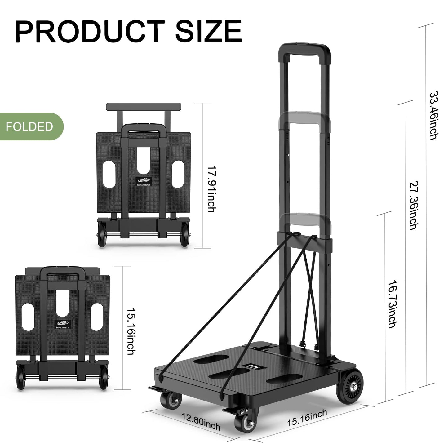 SPACEKEEPER Foldable Hand Truck Dolly, 265 LB Folding Luggage Cart with Wheels, Portable Flatbed Cart Collapsible Hand Truck for Luggage, Travel, Moving, Shopping, Office Use, Black