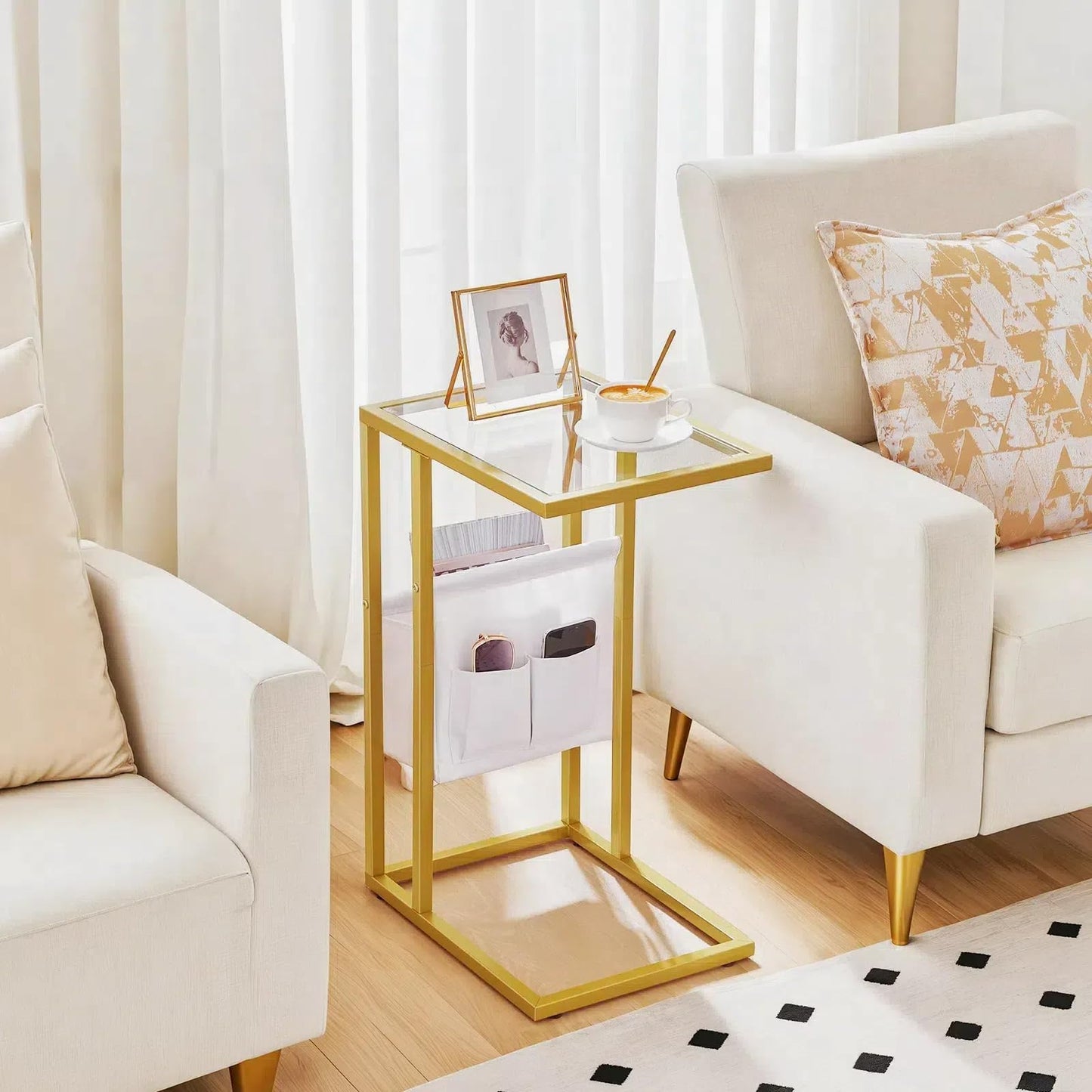 HOOBRO C Shaped Glass End Table Set of 2