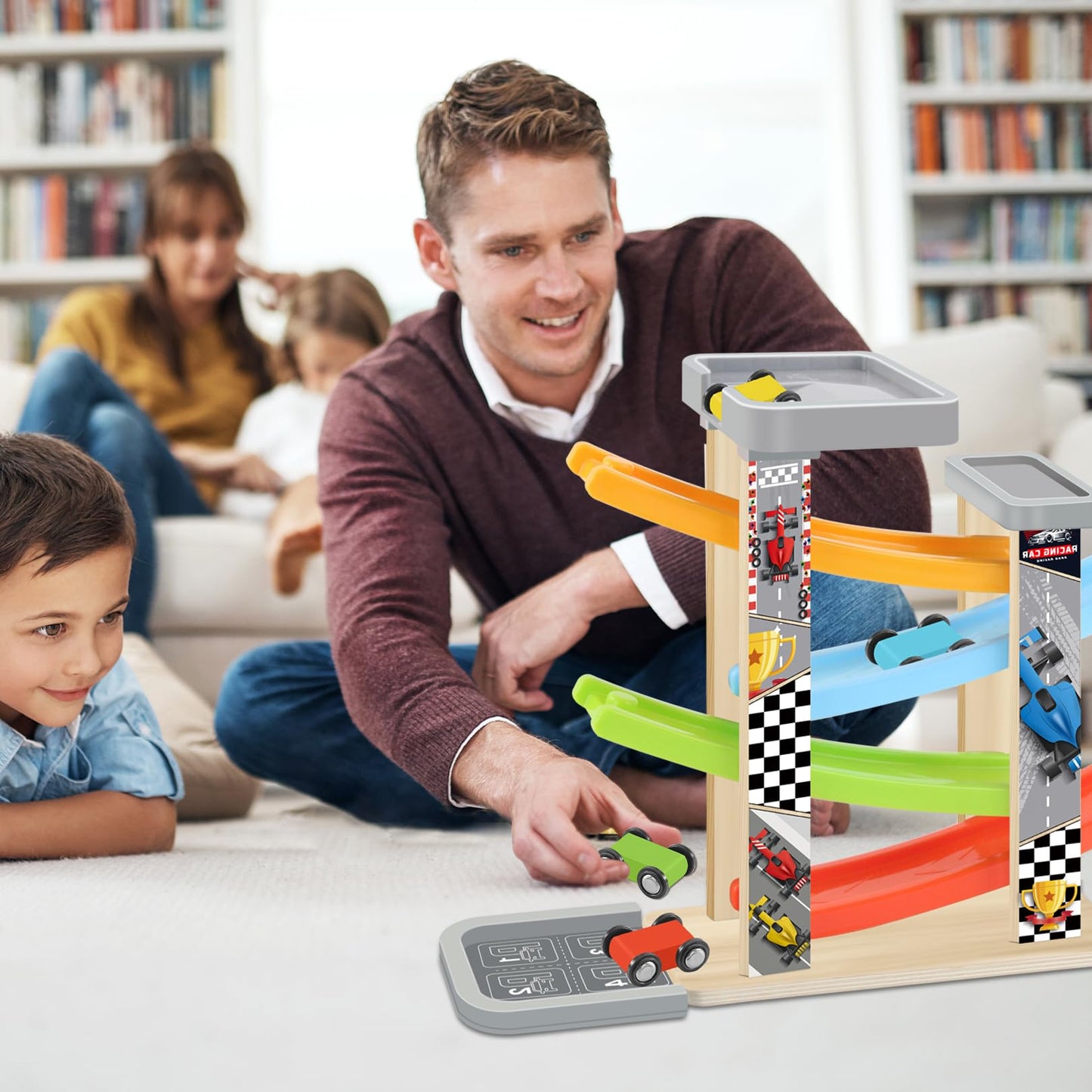 Wooden Race Track Car Ramp Toy Set with Cars