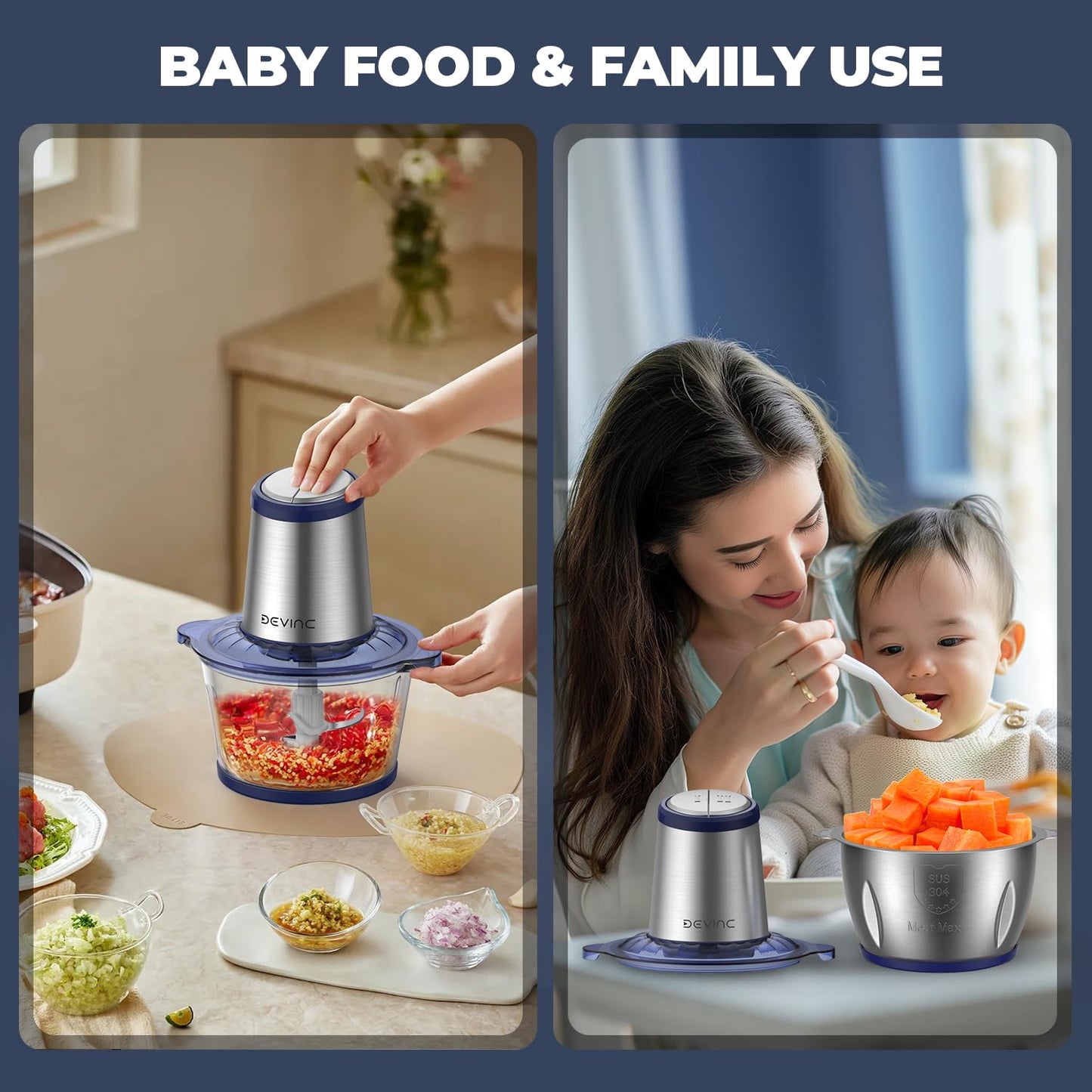 DEVINC Electric Food Processor with 2 Bowls