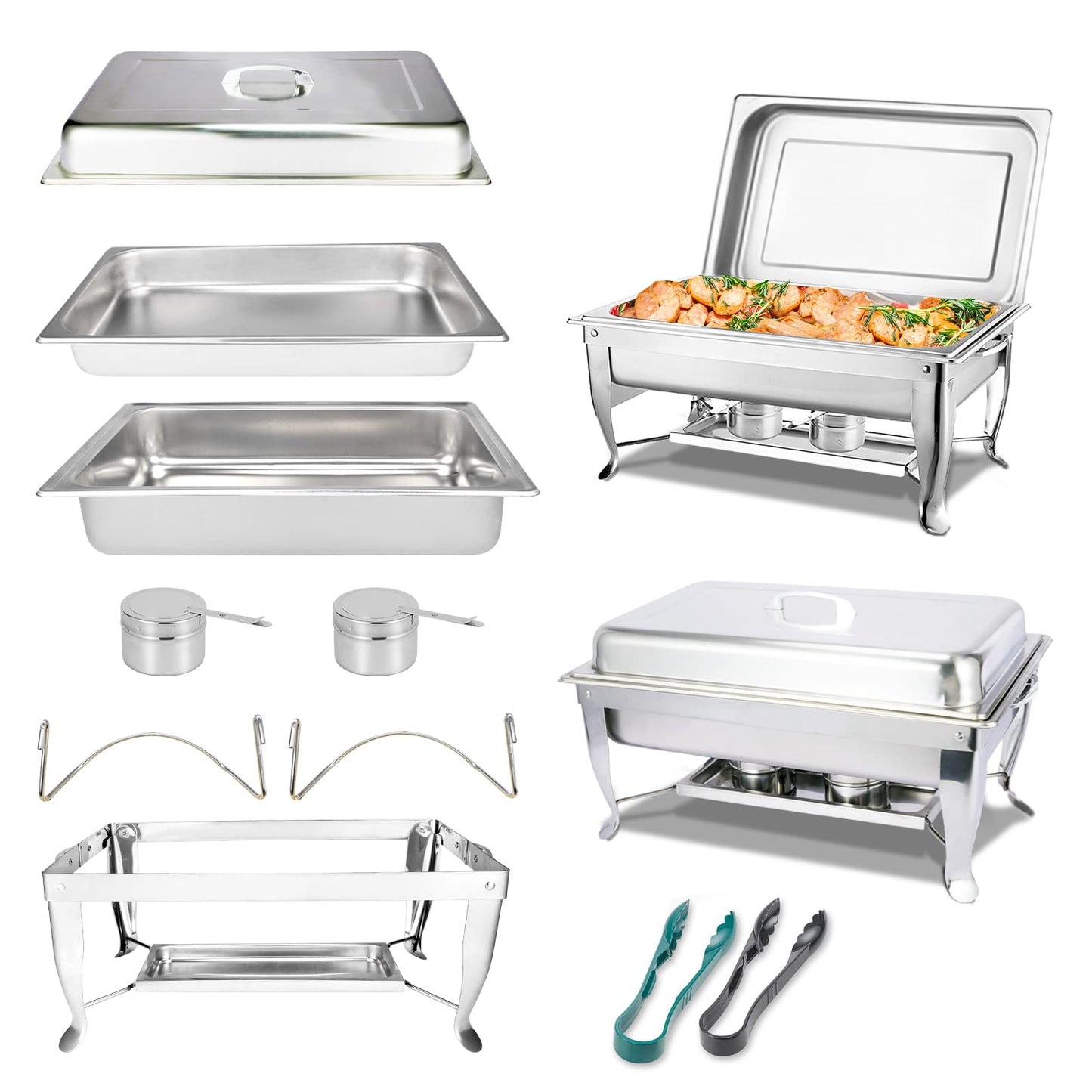 NEW Chafing Dish 9QT 2 PACK Stainless Steel food wamer folding leg chafer Hotel chafing dish 1/1 Buffet Set Foldable Chafer, Chafing dish Set with Fuel Holder, Chafing Servers with cover Food Clip