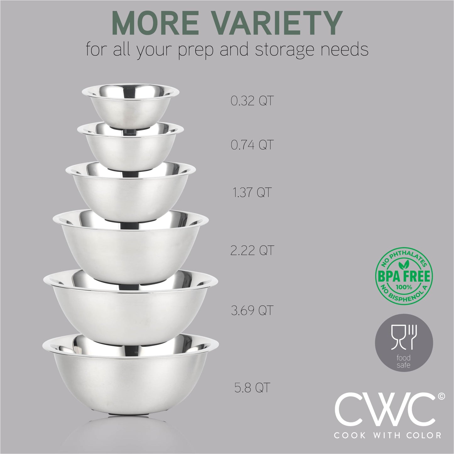 COOK WITH COLOR 6-Piece Stainless Steel Mixing Bowls