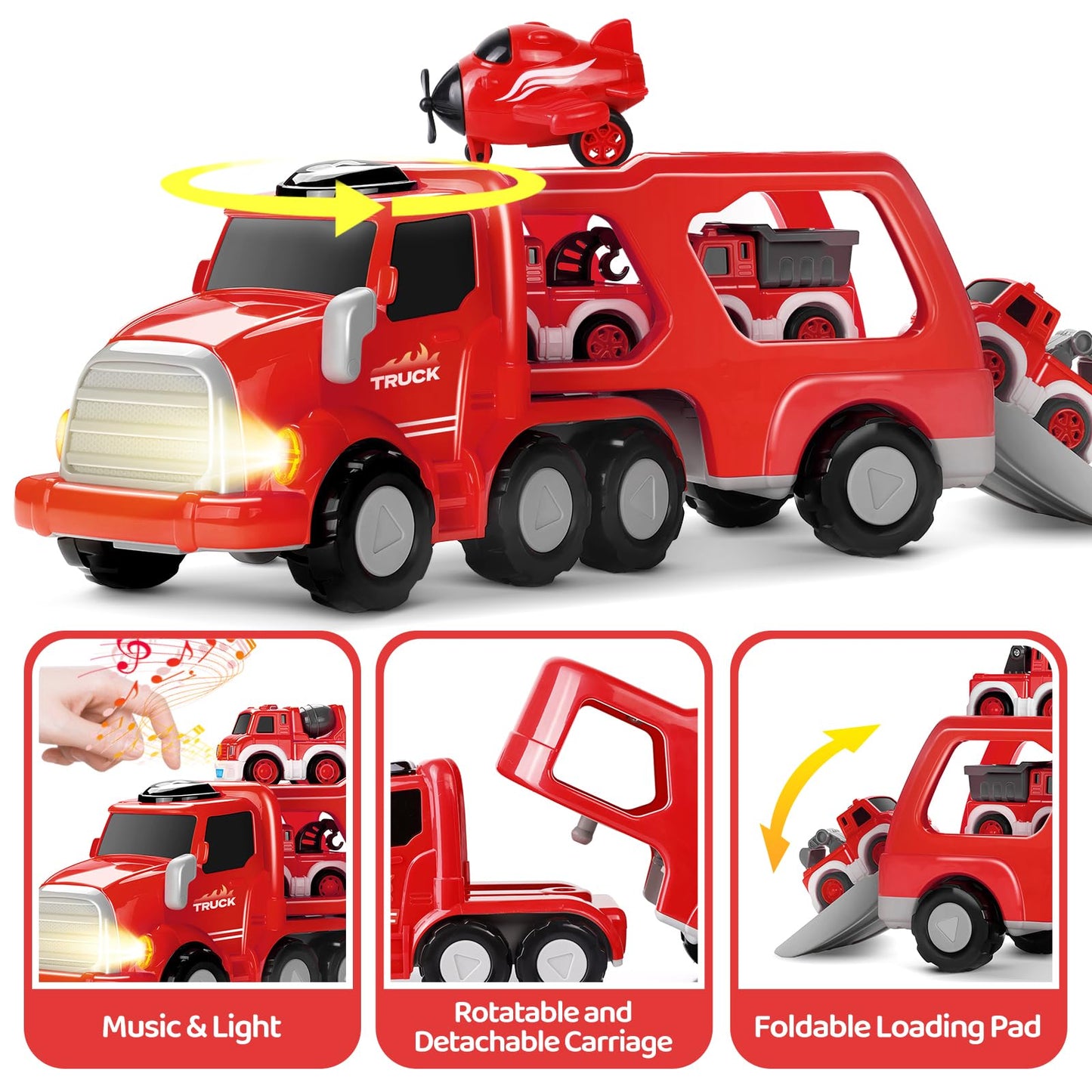 Fire Truck Toy Carrier with Pull-Back Cars