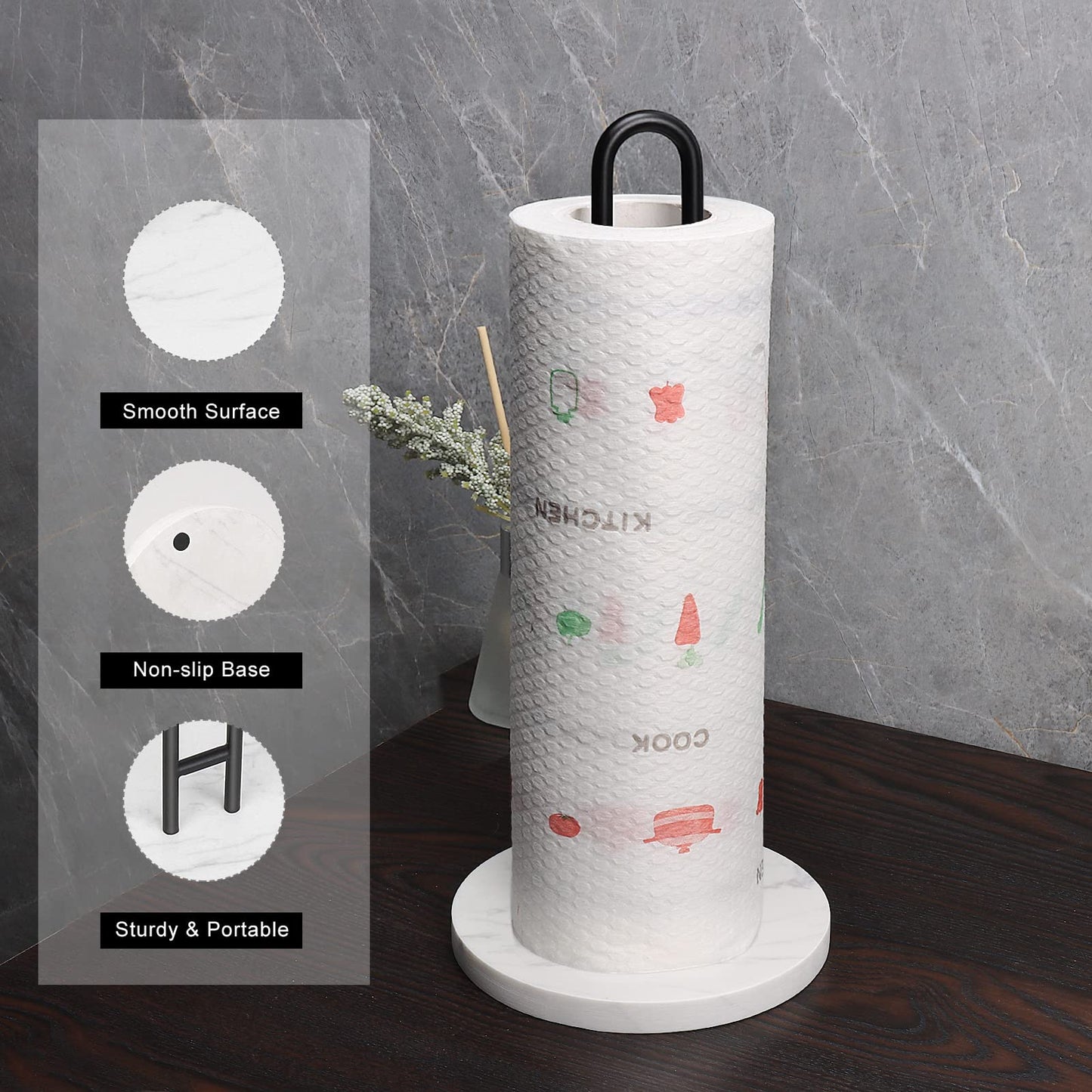 Winmien Simple Paper Towel Holder with Marble Base, Kitchen Standing Magnetic Paper Towel Roll Holder- for Bathroom Kitchen Countertop, Standard or Jumbo-Sized Roll Holder(Black)