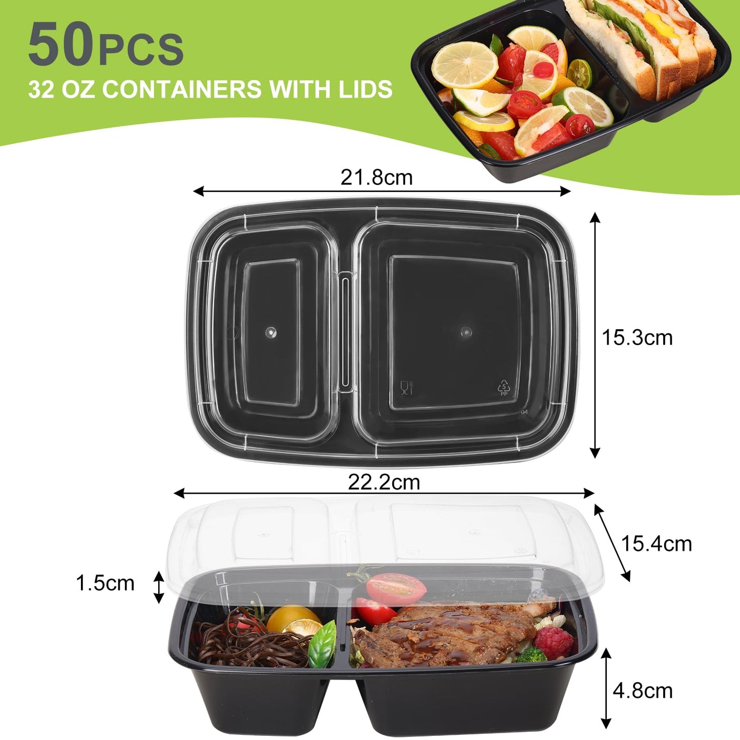 Moretoes 50 Pack 32oz Meal Prep Containers Reusable 2 Compartment Food Storage Containers with Lids Plastic Stackable To Go Boxes Microwave, Freezer, Dishwasher Safe