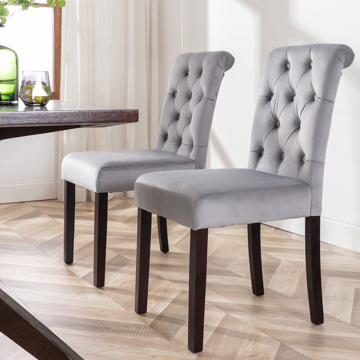 chairus Dining Chairs Set of 2 Mid Century Modern Living Room Chairs with Button Tufted High Back Velvet Armless Chair Comfy Upholstered Side Chairs for Kitchen/Restaurant/Bedroom, Grey