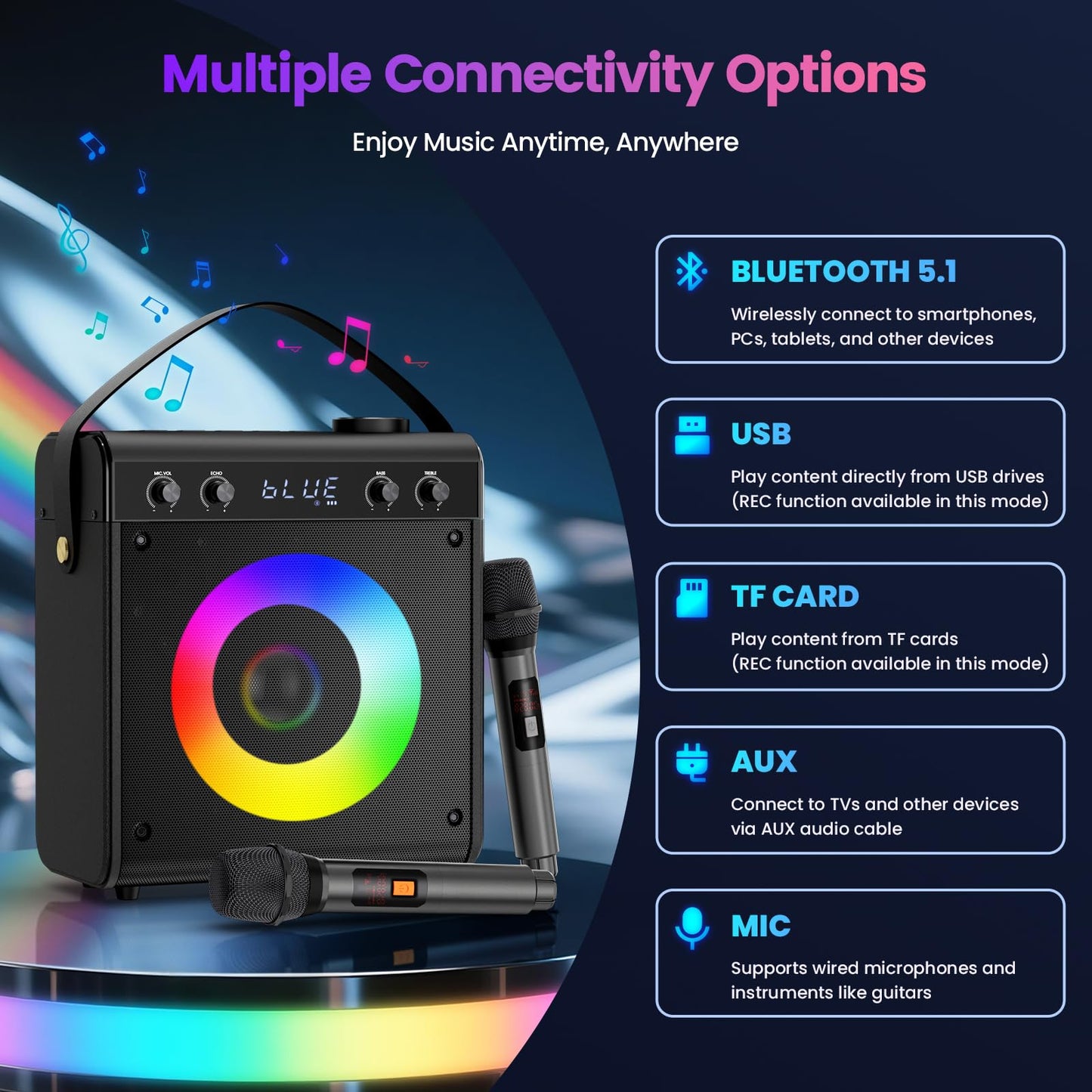 Portable Karaoke Machine with 2 Wireless Microphones