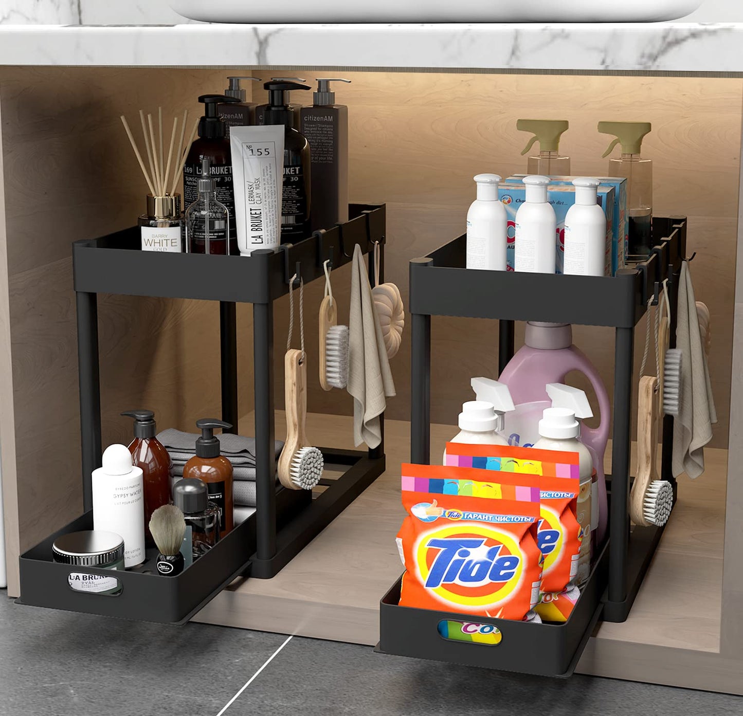 POUGNY 2PC Under Sink Organizer Rack 2 Tier Under Sliding Cabinet Basket Organizer Drawer with 4 Hooks, Multi-purpose Under Sink Storage for Bathroom Kitchen Desktop(Black)