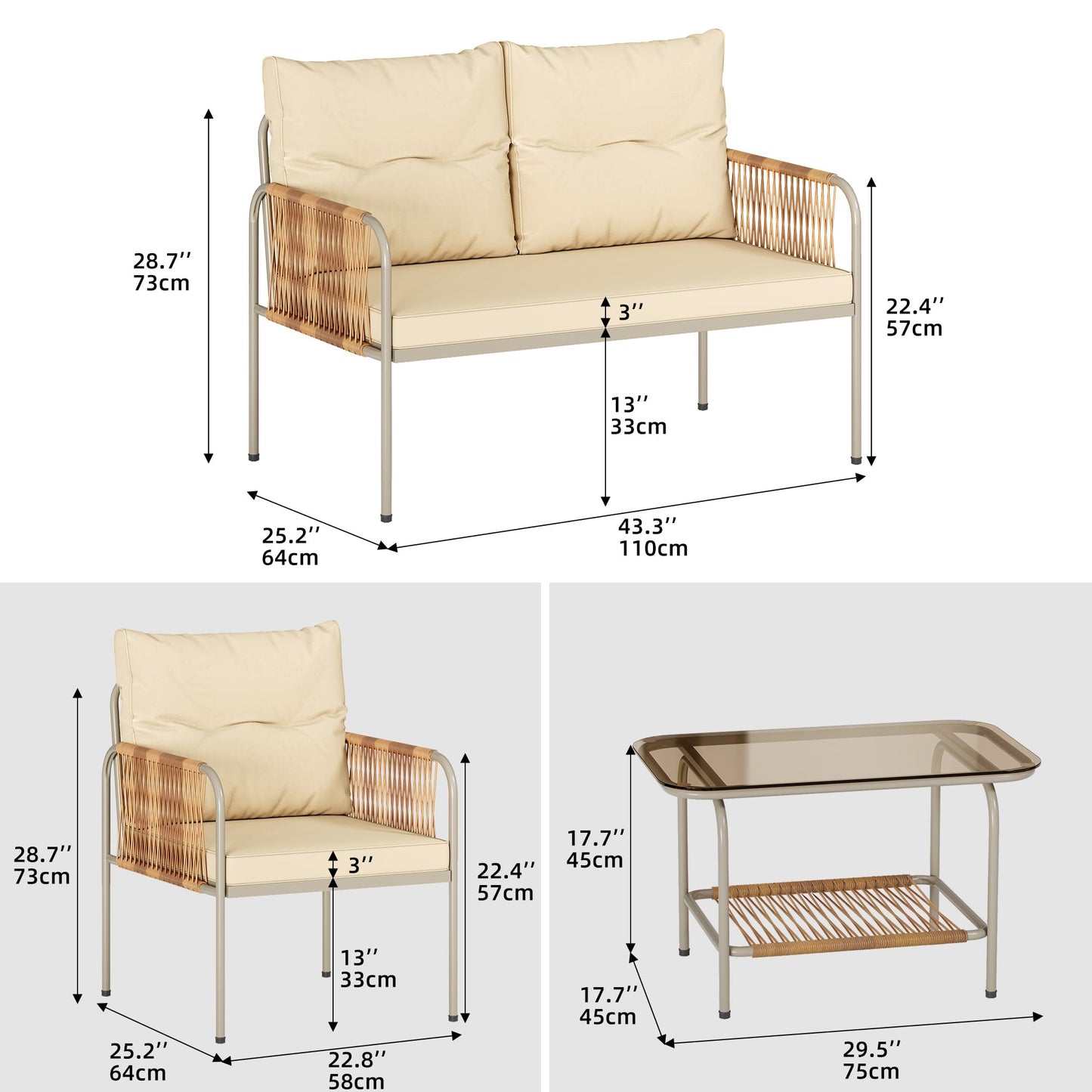 DWVO 4 Pieces Patio Furniture Set, Wicker Outdoor Conversation Set, All-Weather Rattan Bistro Set with Loveseat Set, Glass Side Table and Cushions for Backyard, Balcony, Deck - Beige
