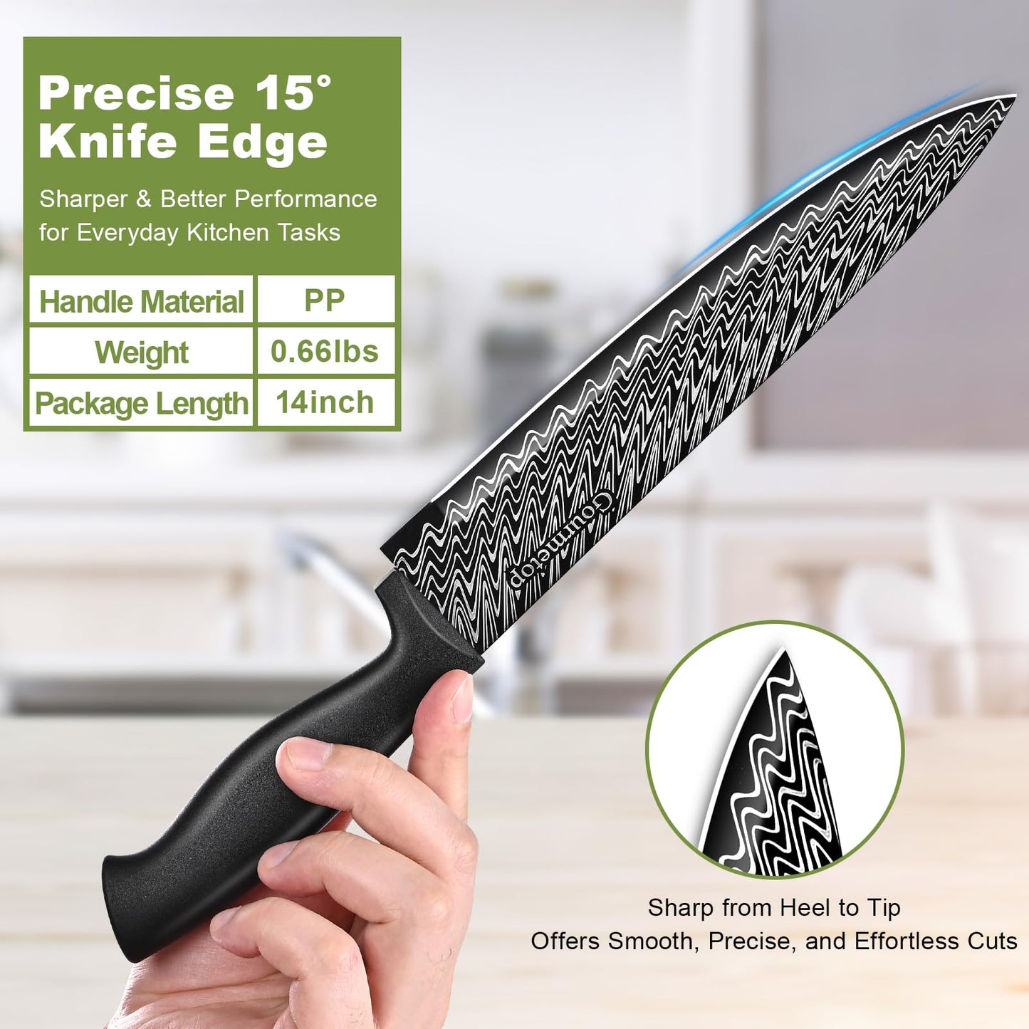 Gourmetop 3 Pcs Kitchen Knife Set with Cover, Black Knives Set for Kitchen Stainless Steel, Damascus Pattern Chef Knife set with Sheath, Sharp Cutting Knives for Cooking